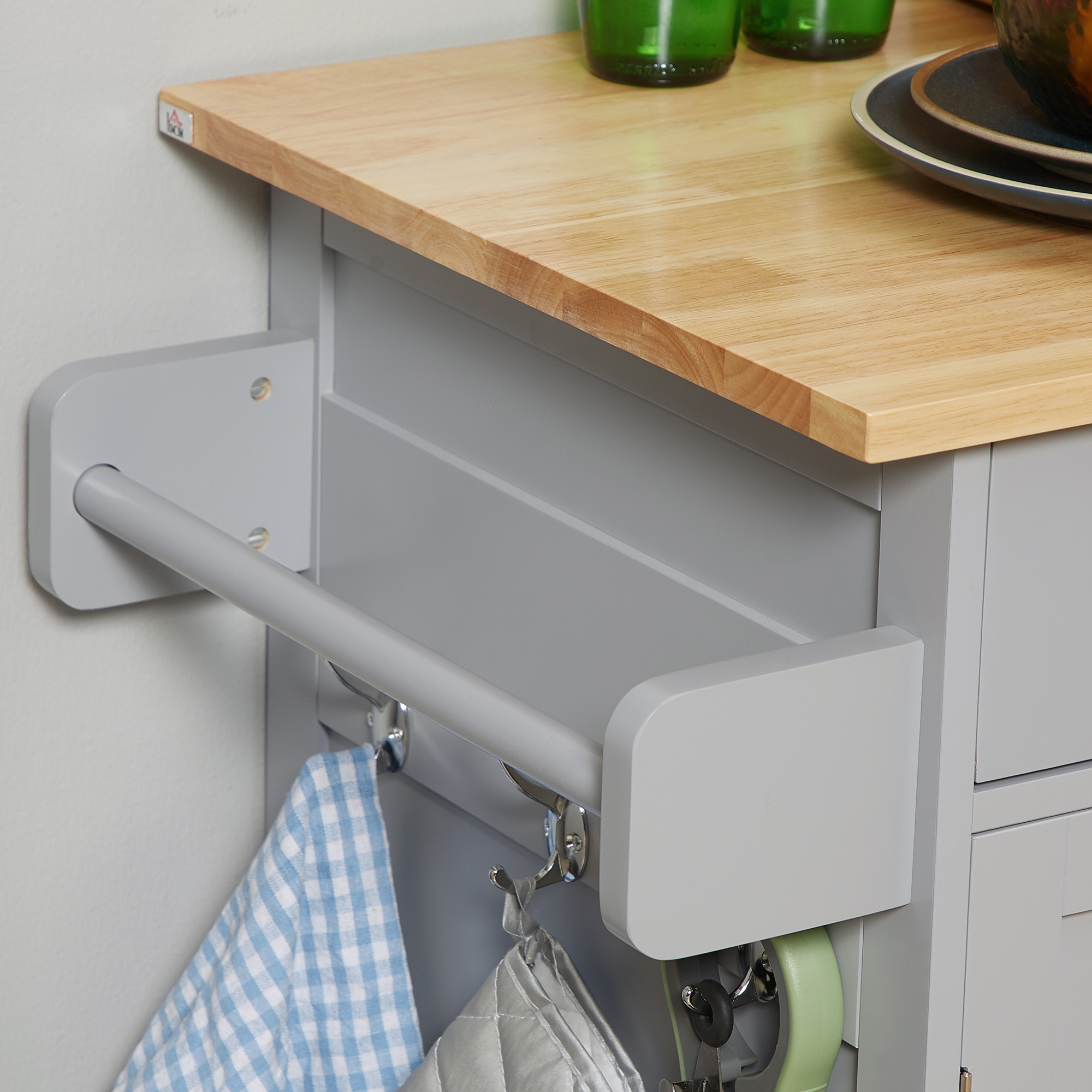 HOMCOM Rolling Kitchen Island on Wheels, Utility Serving Cart with Rubber Wood Top, Towel Rack, Hooks and Storage Drawers, Grey 9