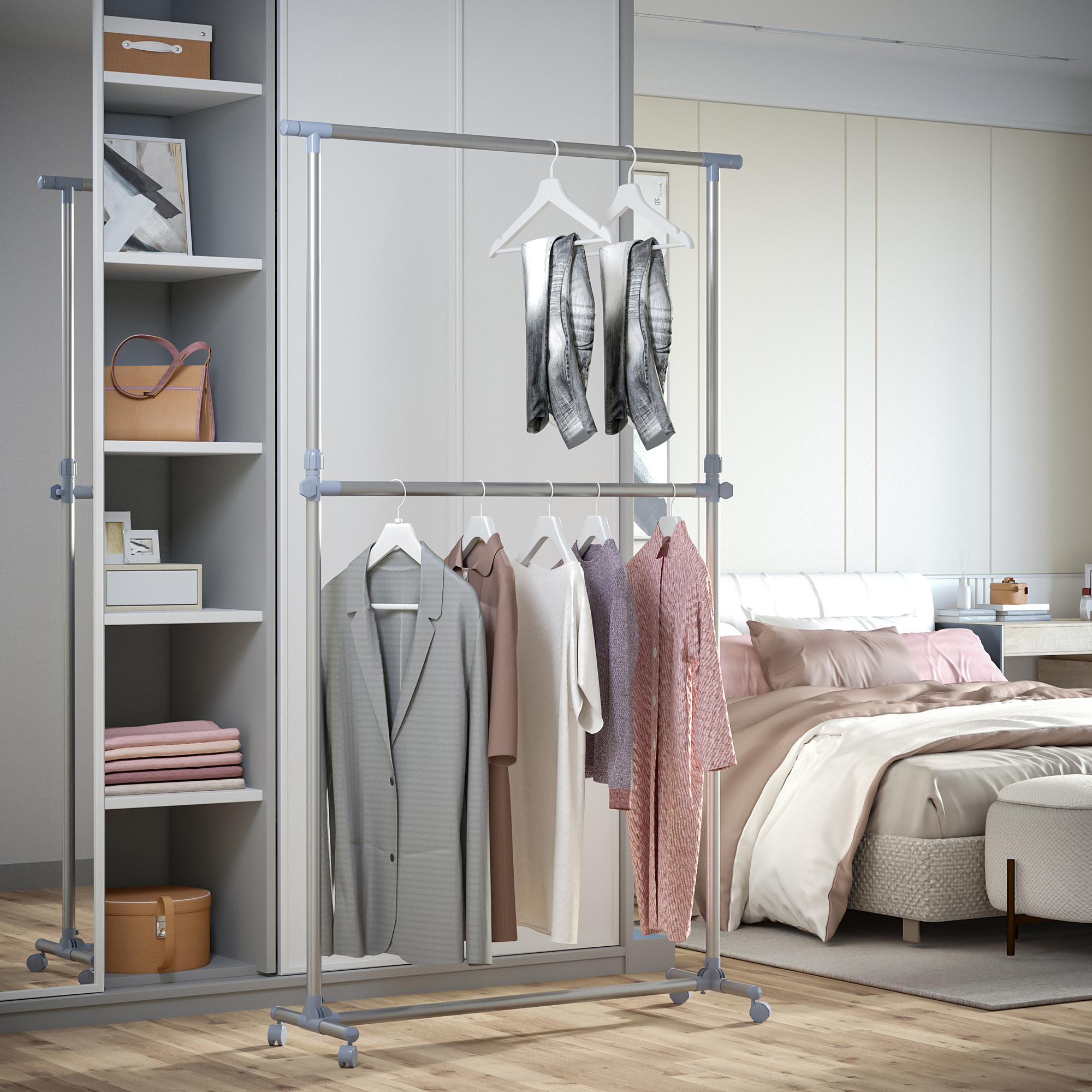 HOMCOM Heavy Duty Clothes Hanger Garment Rail Hanging Display Stand Rack w/ Wheels Adjustable 2