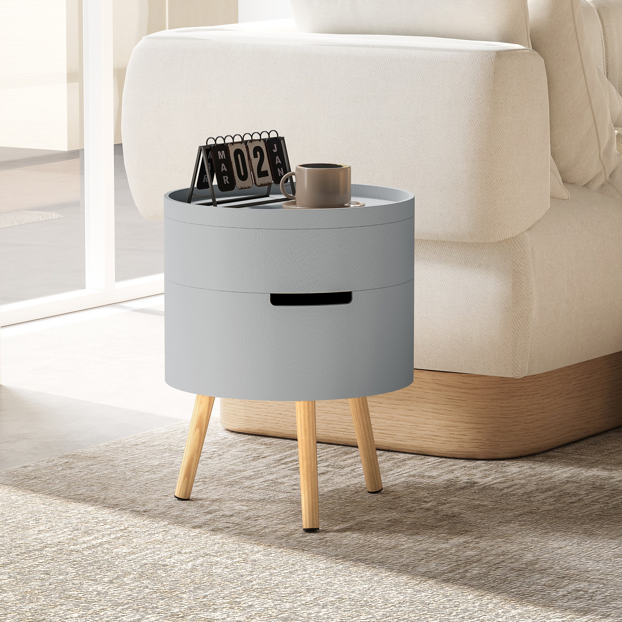 HOMCOM 3-Tier Coffee Table, Round End Table with 2 Hidden Compartments and Detachable Tray, Side Table with Storage for Living Room, Grey 2