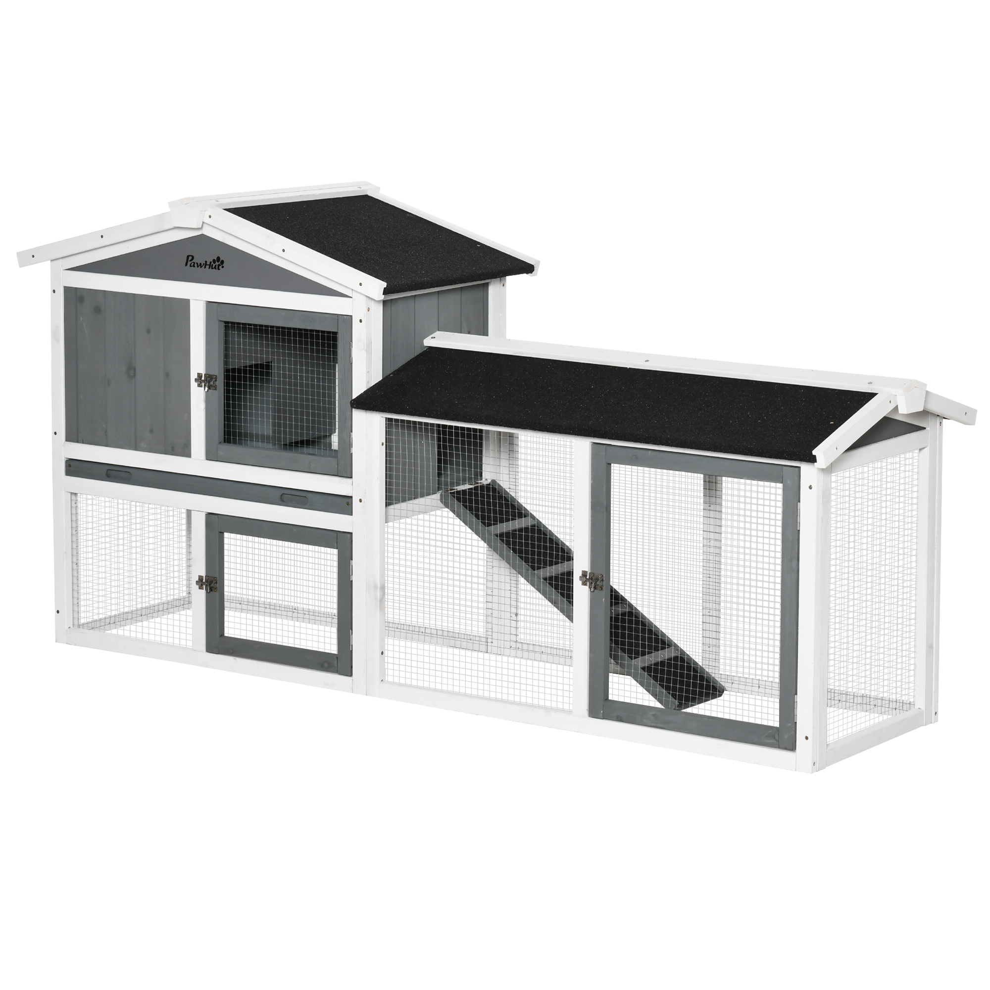 PawHut 2 in 1 Rabbit Hutch Outdoor Guinea Pig Hutch Bunny Run Double Main House with Run, No-Leak Tray 259 x 64 x 92cm, Grey