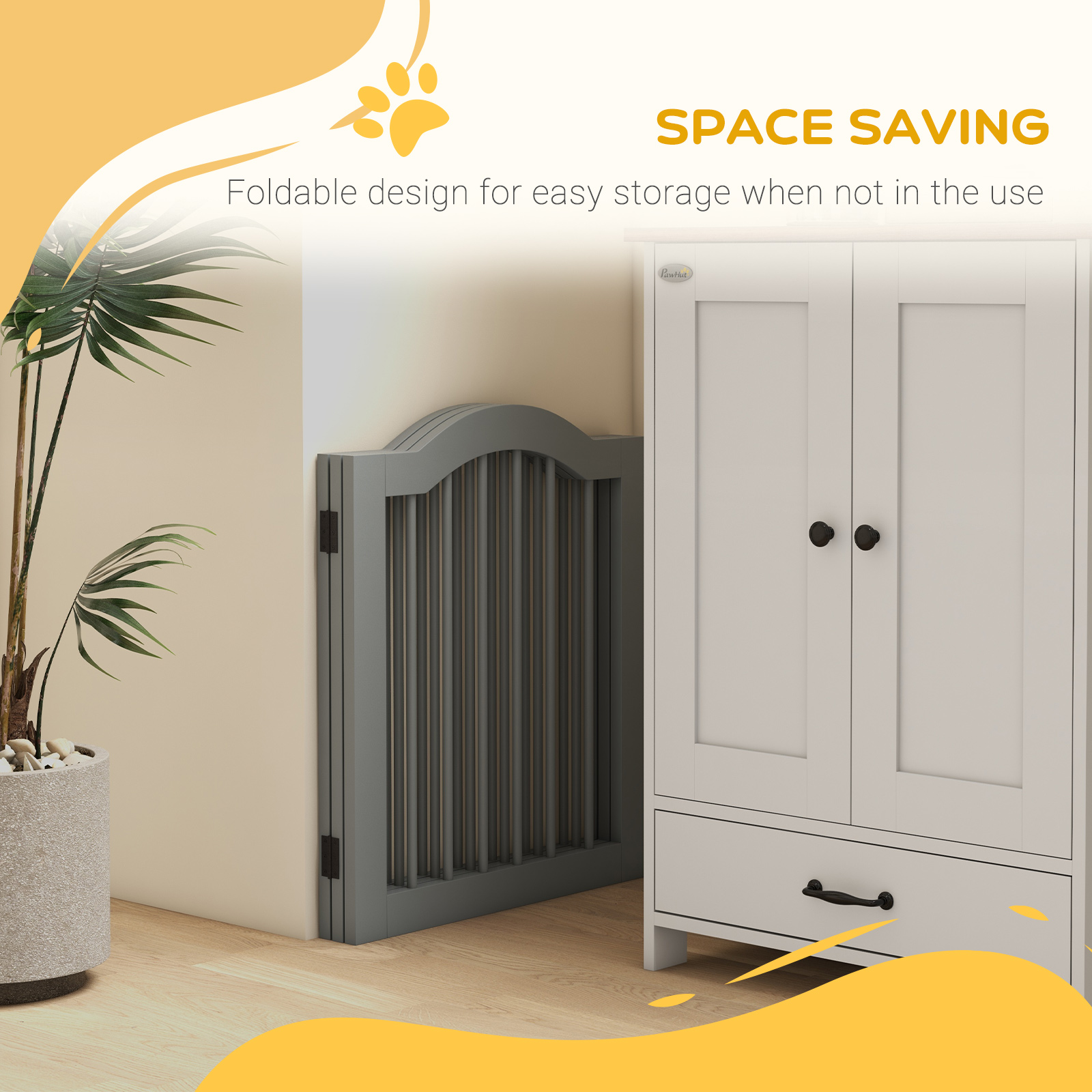 PawHut 3 Panels Dog Gate w/ Support Feet Fence Safety Barrier Freestanding Wood Light Grey 5