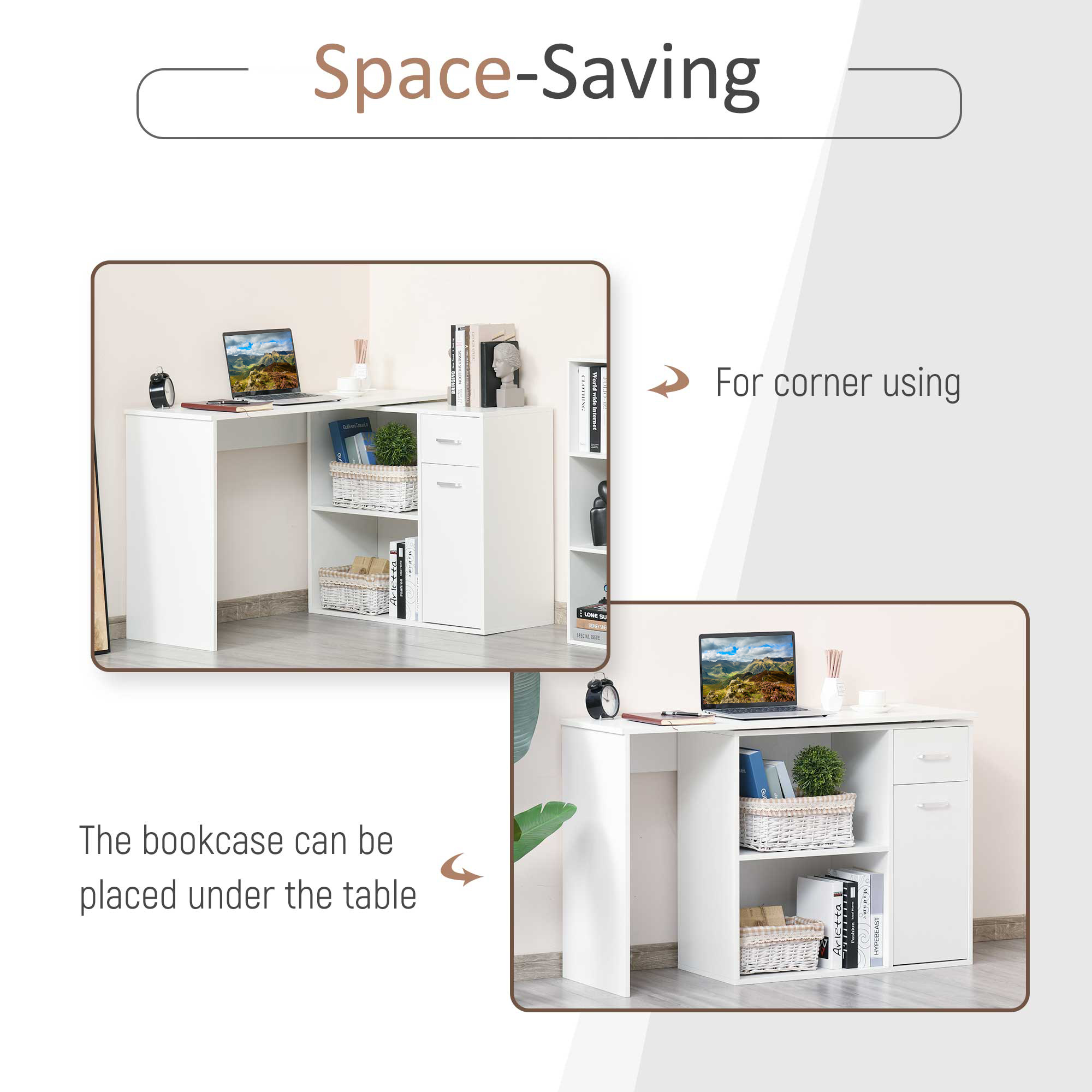 HOMCOM L-Shaped Desk, Corner Computer Desk, Adjustable Study Table with Storage Shelf, Drawer and Cabinet, Workstation for Home Office, White Wood Grain 4