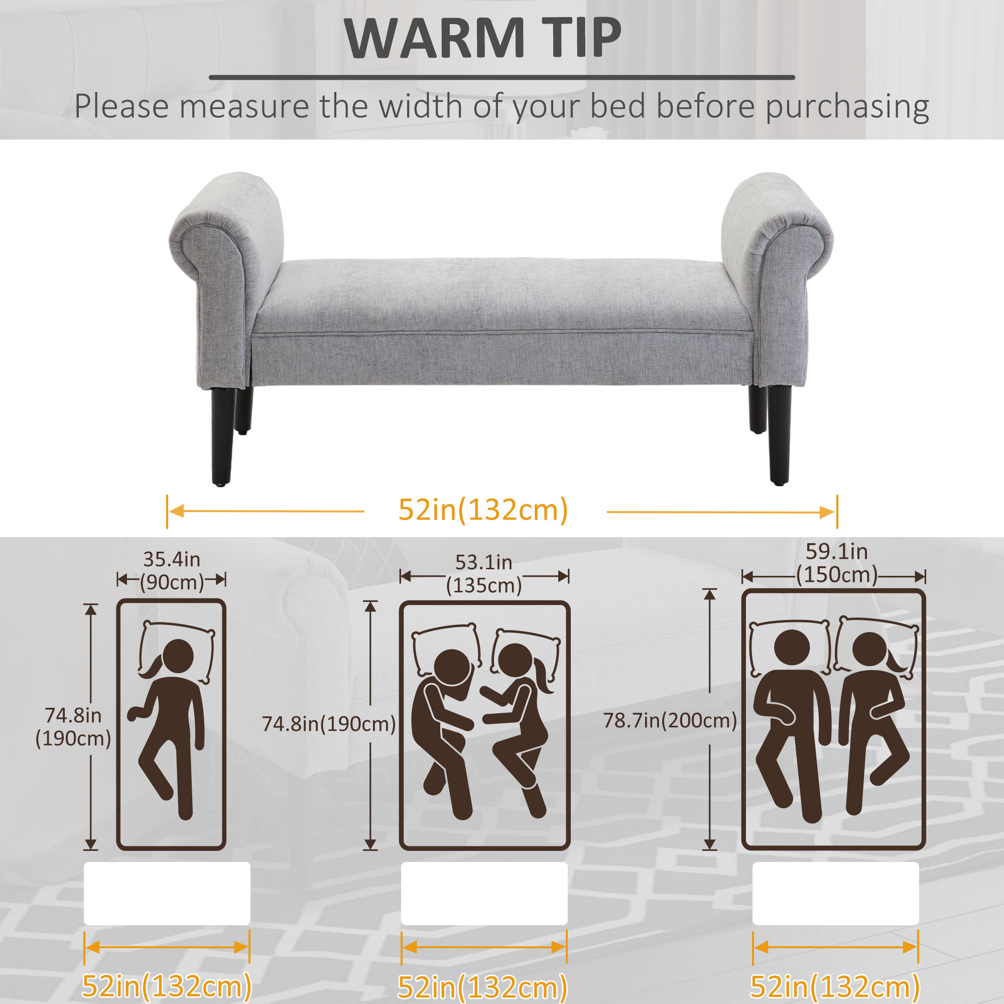 HOMCOM Bed End Bench, Window Seat, Linen Chaise Lounge Sofa with Arm and Wooden Legs for Bedroom, Living Room, Grey 6