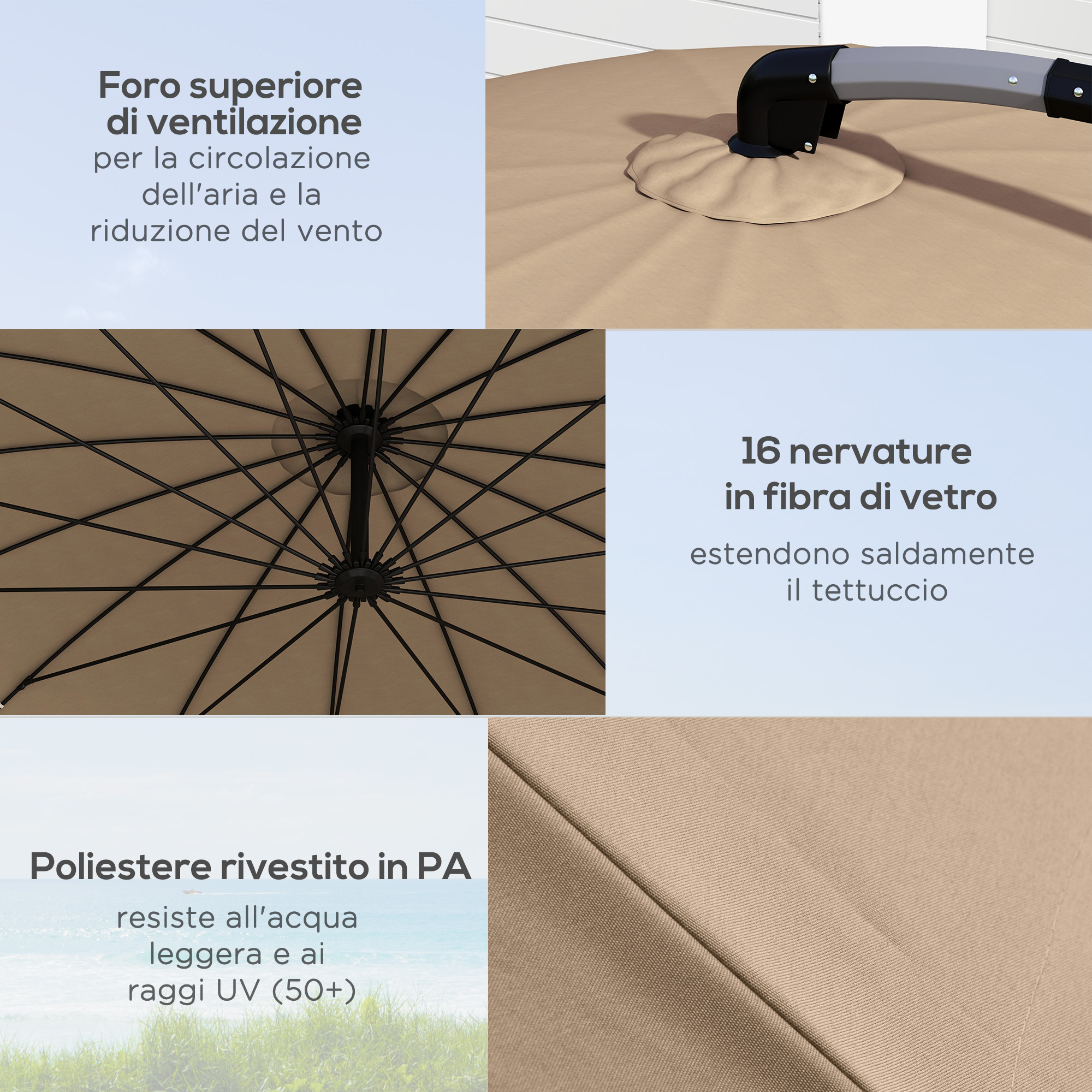 Outsunny Ombrellone da Giardino da Parete e Muro 2x1.9 m con Apertura a Manovella, Ombrellone Mezzaluna Doppio con 7 Stecche, Supporto a Croce in Acciaio e Poliestere 180g/㎡, Anti UV, Crema