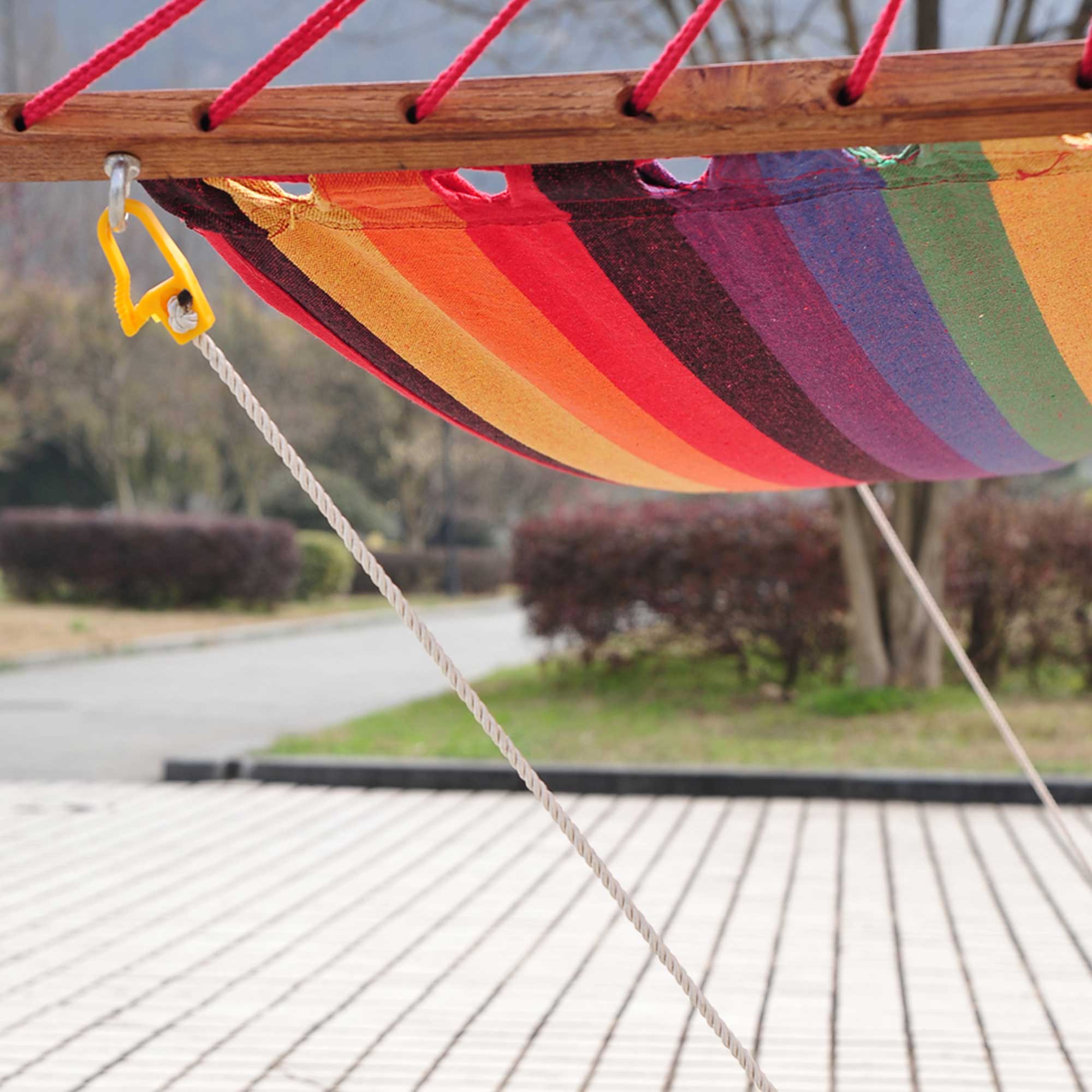 Outsunny Outdoor Hammock with Stand, Free Standing Hammock with Arc Wooden Frame and 200 x 100cm Fabric, Garden Swing Hanging Bed with Safe Ropes, Multicolour 9