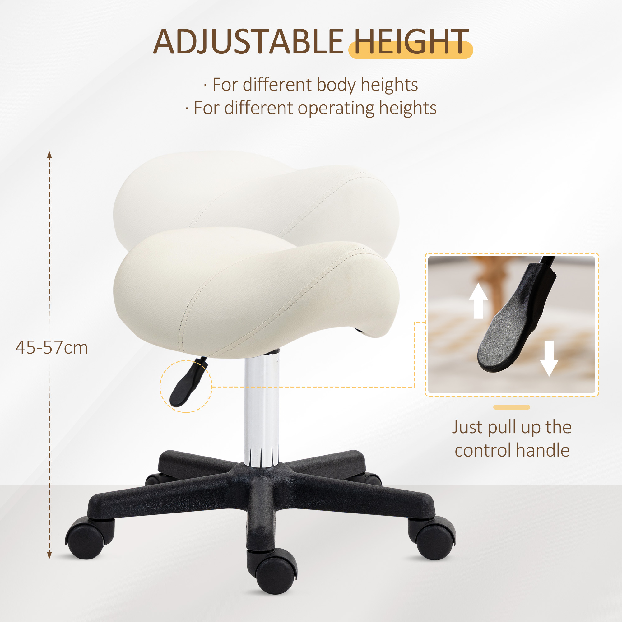 HOMCOM Saddle Stool, PU Leather Adjustable Rolling Salon Chair with Steel Frame for Massage, Spa, Beauty and Tattoo, White 4