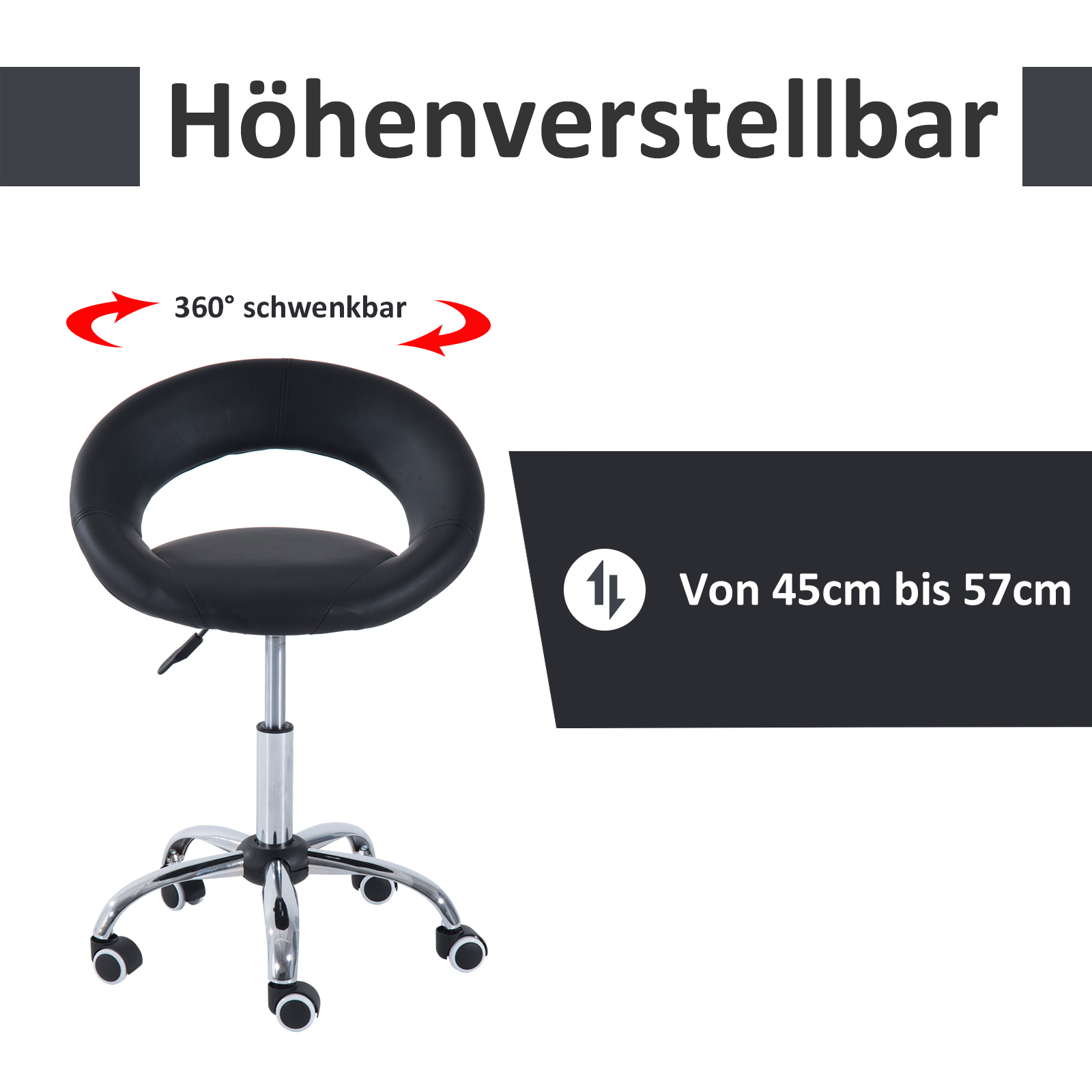 Ratastega tool, töötool, pöördtool, kontoritool, kõrguse reguleerimisega, PU+metall, must, 50 x 54 x (66-78) cm