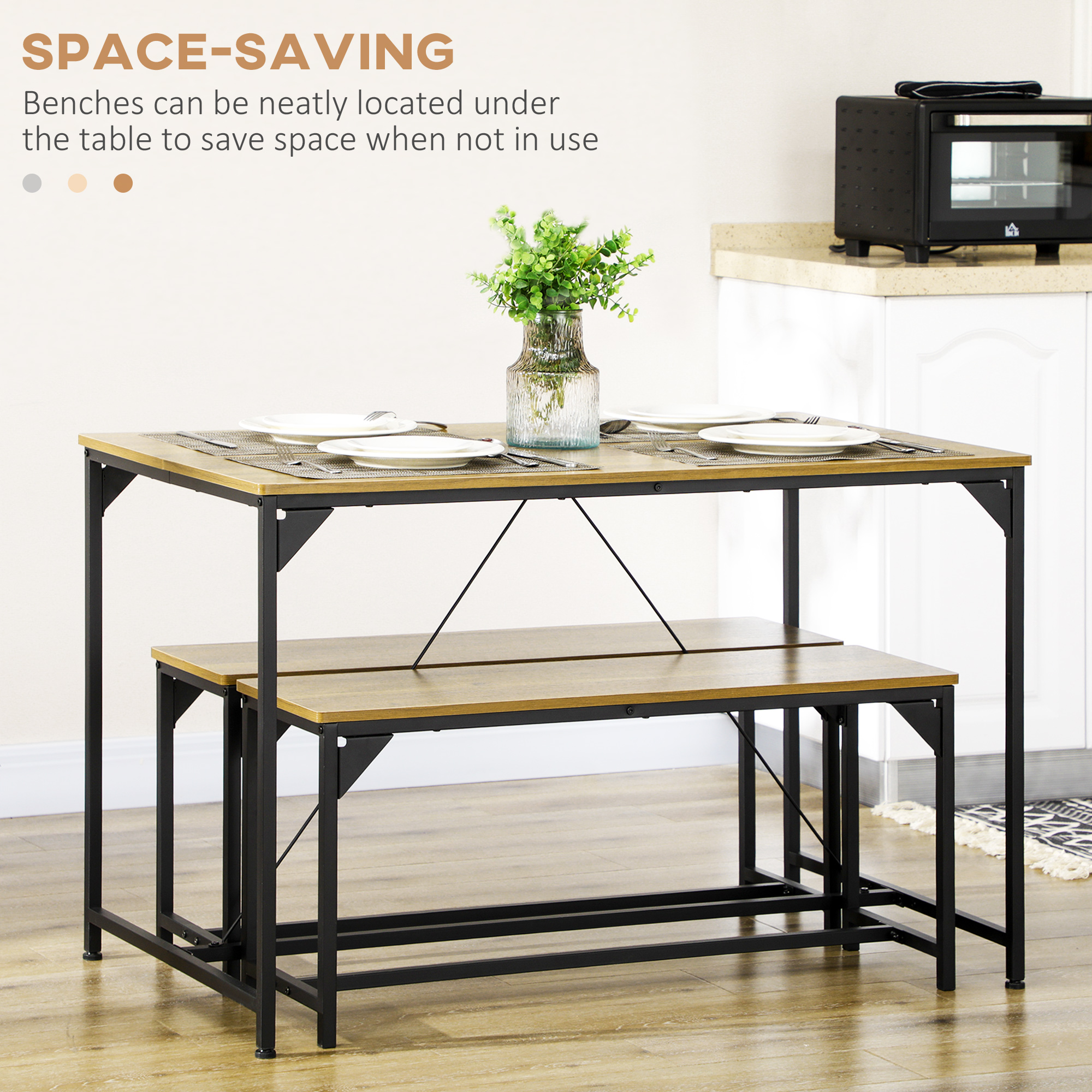 HOMCOM Dining Table and Bench Set for 4, Kitchen Table with 2 Benches, Space Saving Dining Room Sets, Natural 5