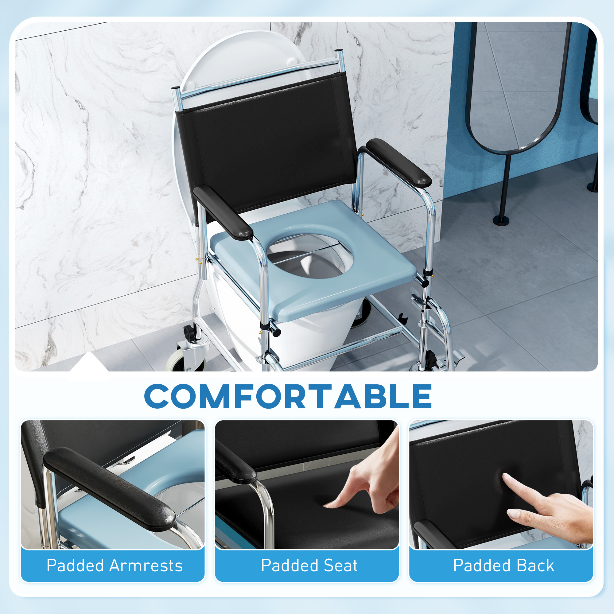 HOMCOM 3-In-1 Commode Wheelchair Black 5