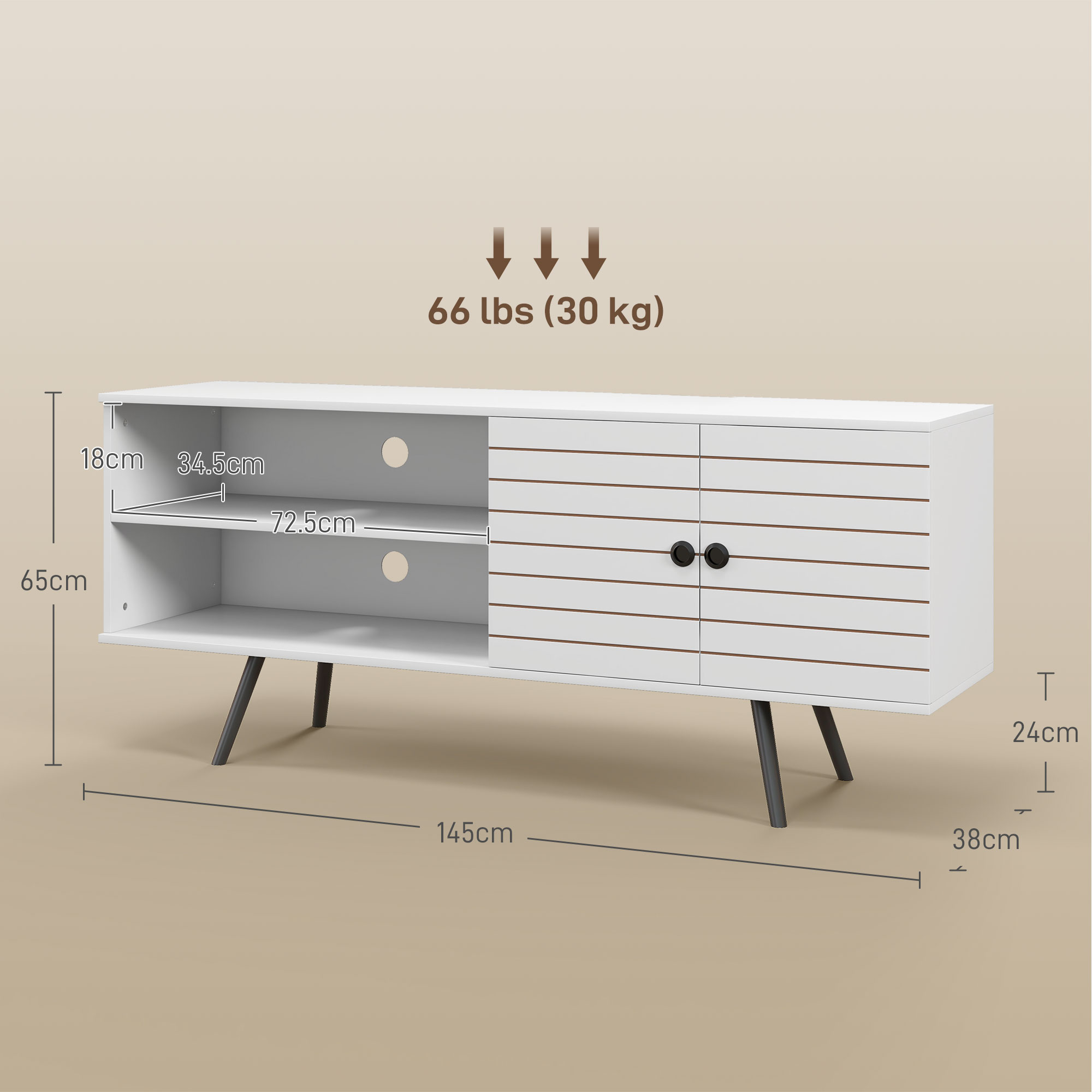 HOMCOM TV Stand with Cupboard, Open Shelves, Striped Doors, Wooden legs, White 3