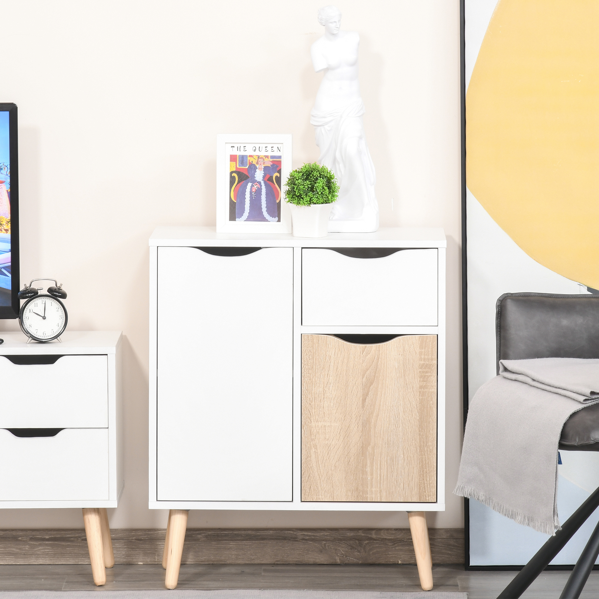 HOMCOM Sideboard Floor Cabinet Storage Cupboard with Drawer and Solid Wood Legs for Bedroom, Living Room, Entryway, Brown 2