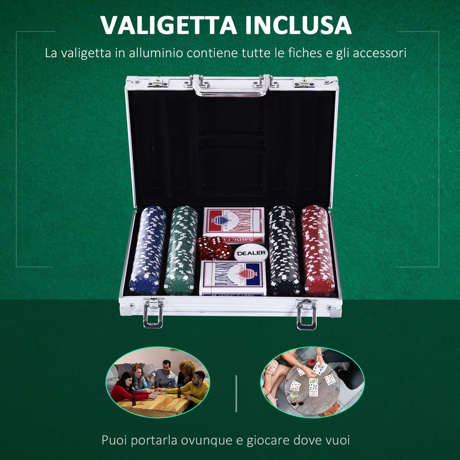 Set Poker In Valigetta Di Metallo – 200 Fiches, 2 Mazzi Di Carte, Pulsanti Dealer E Blind, Per Texas Hold’em E Blackjack, Dimensioni 25x21x10 Cm