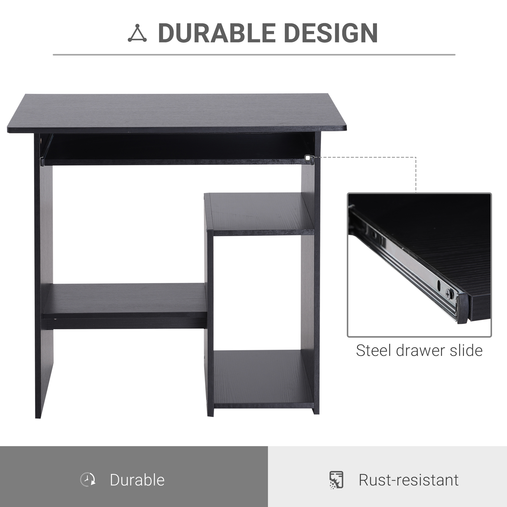 HOMCOM Compact Small Computer Table Wooden Desk Keyboard Tray Storage Shelf Modern Corner Table Home Office Black 6