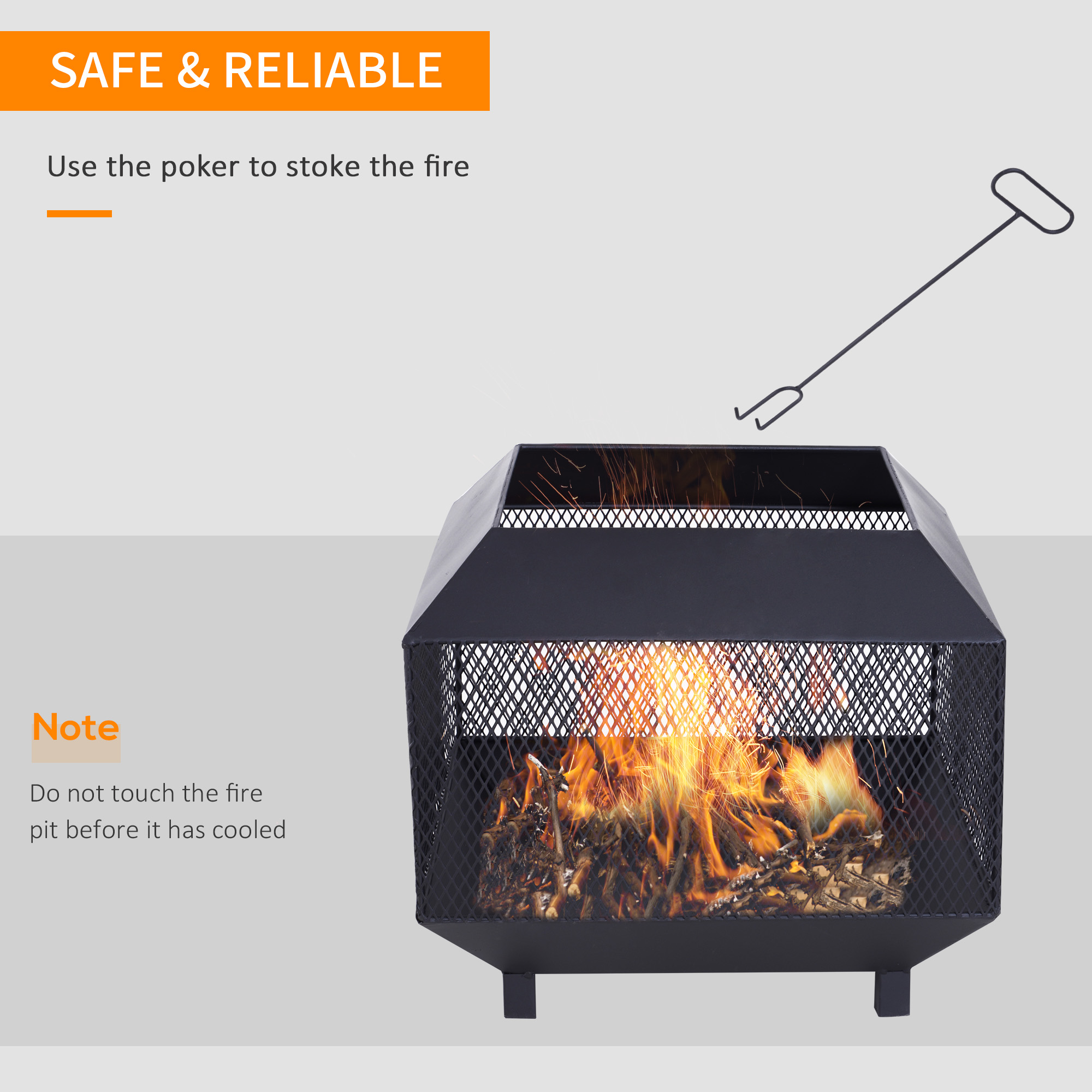 Outsunny Metal Square Fire Pit Outdoor Mesh Firepit Brazier w/ Lid, Log Grate, Poker for Backyard, Camping, Bonfire, Wood Burning Stove, 44 x 44 x 40cm, Black 4