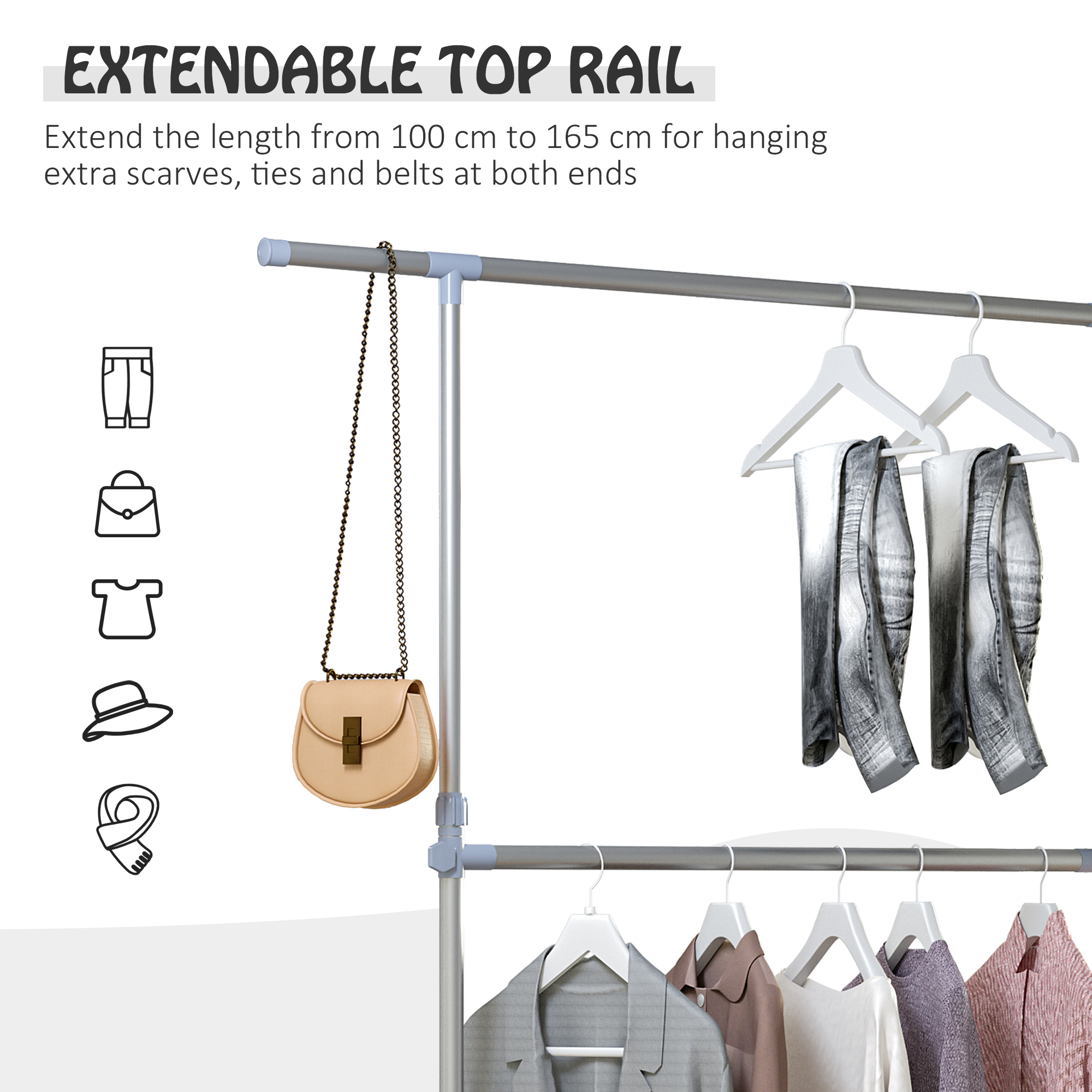 HOMCOM Heavy Duty Clothes Hanger Garment Rail Hanging Display Stand Rack w/ Wheels Adjustable 5