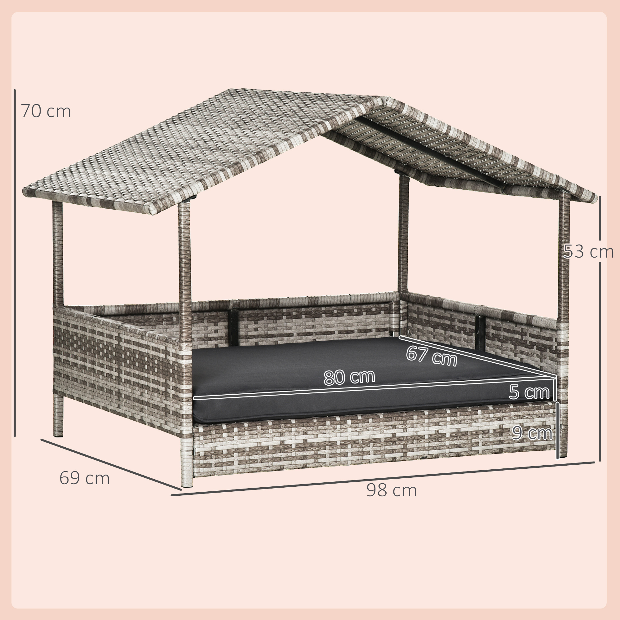PawHut Wicker Dog House, Rattan Pet Bed, with Removable Cushion, Canopy, for Small and Medium Dogs Dark Grey 3