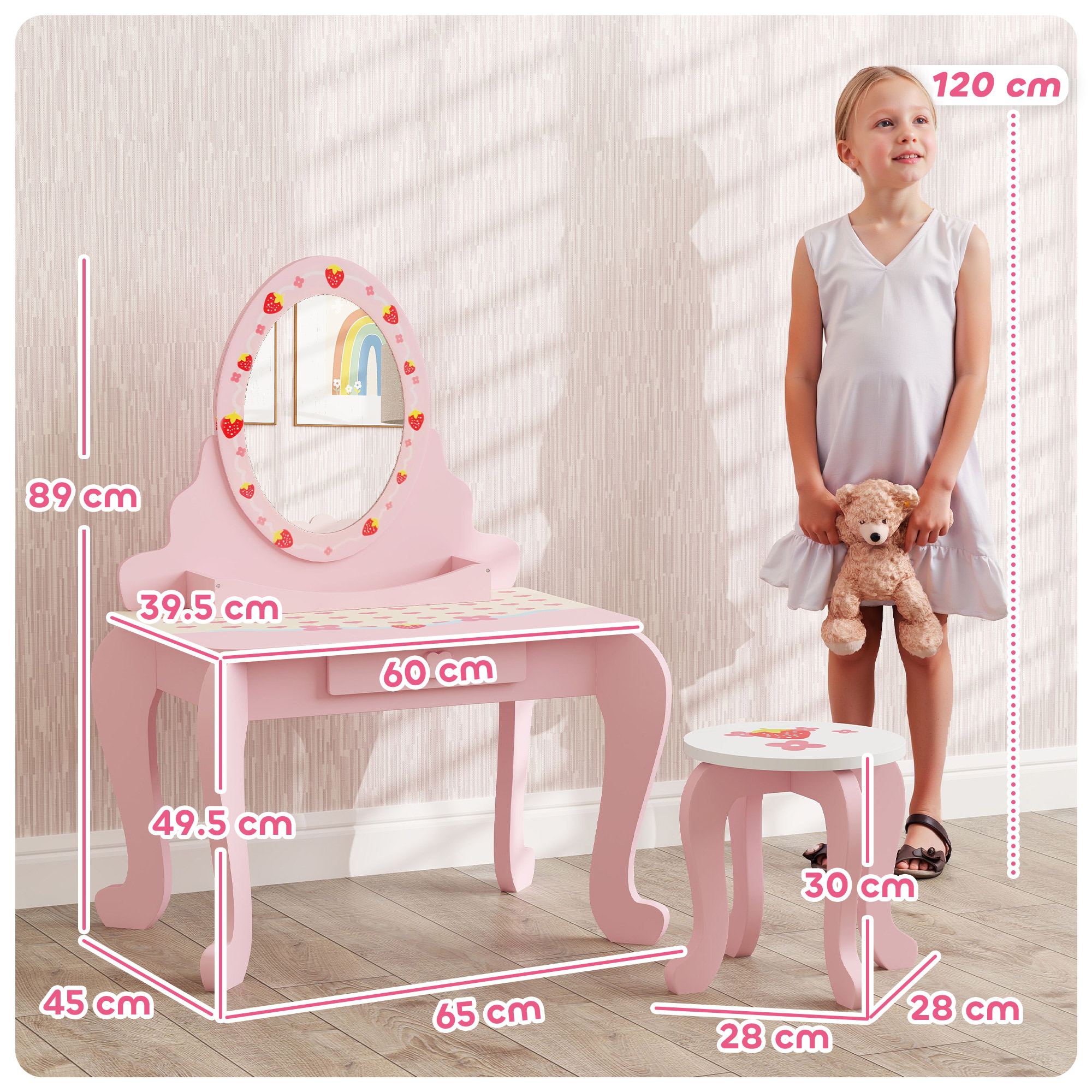 AIYAPLAY Kids Dressing Table Set, Vanity Table with Stool, Mirror, Drawer, Desktop, Storage, Strawberry-Theme, Pink 3