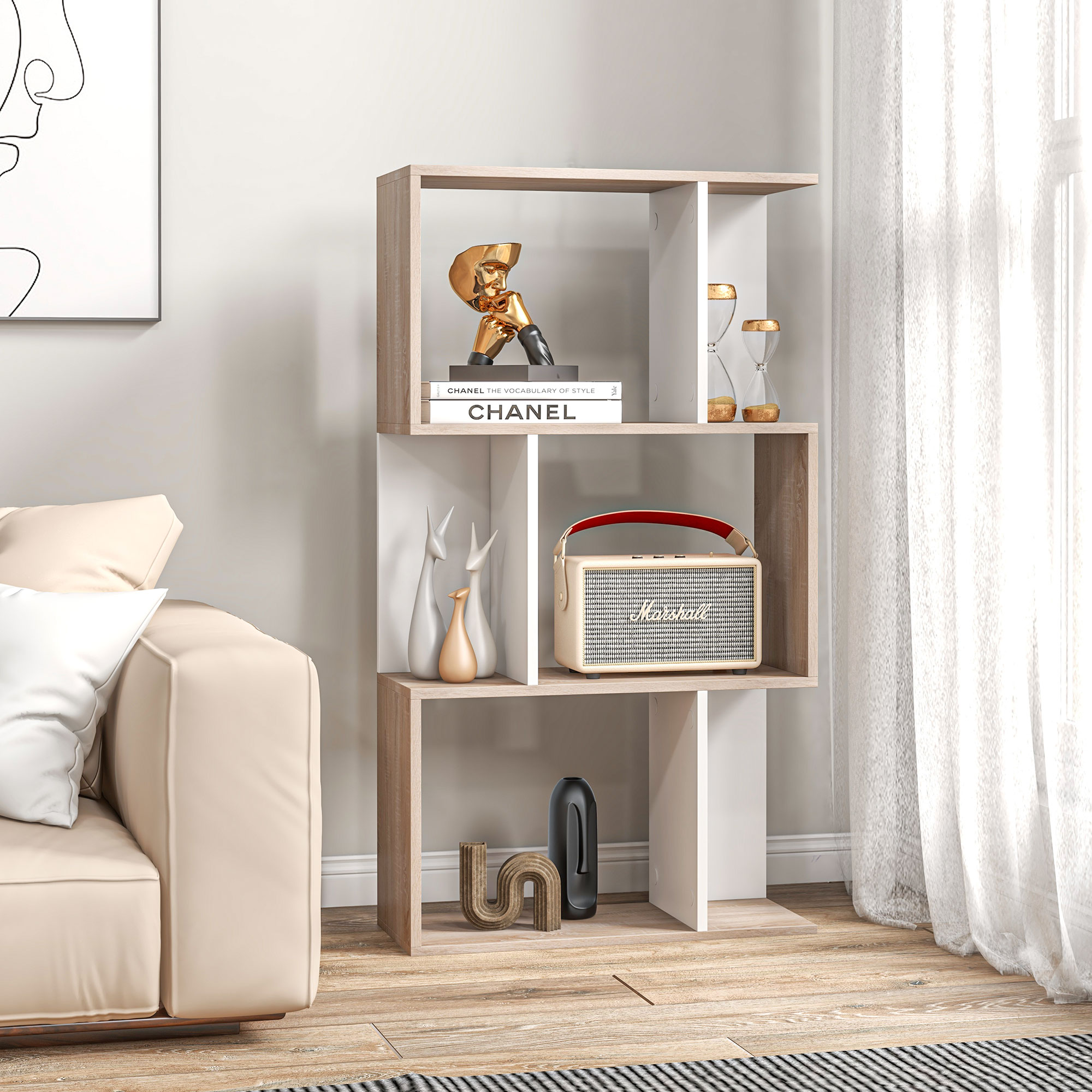 HOMCOM Libreria Bianca per Casa e Ufficio, Scaffale dal Design Moderno con 6 Scomparti in Legno, 91.5x29.5x61.5cm Scomparti, HOMCOM