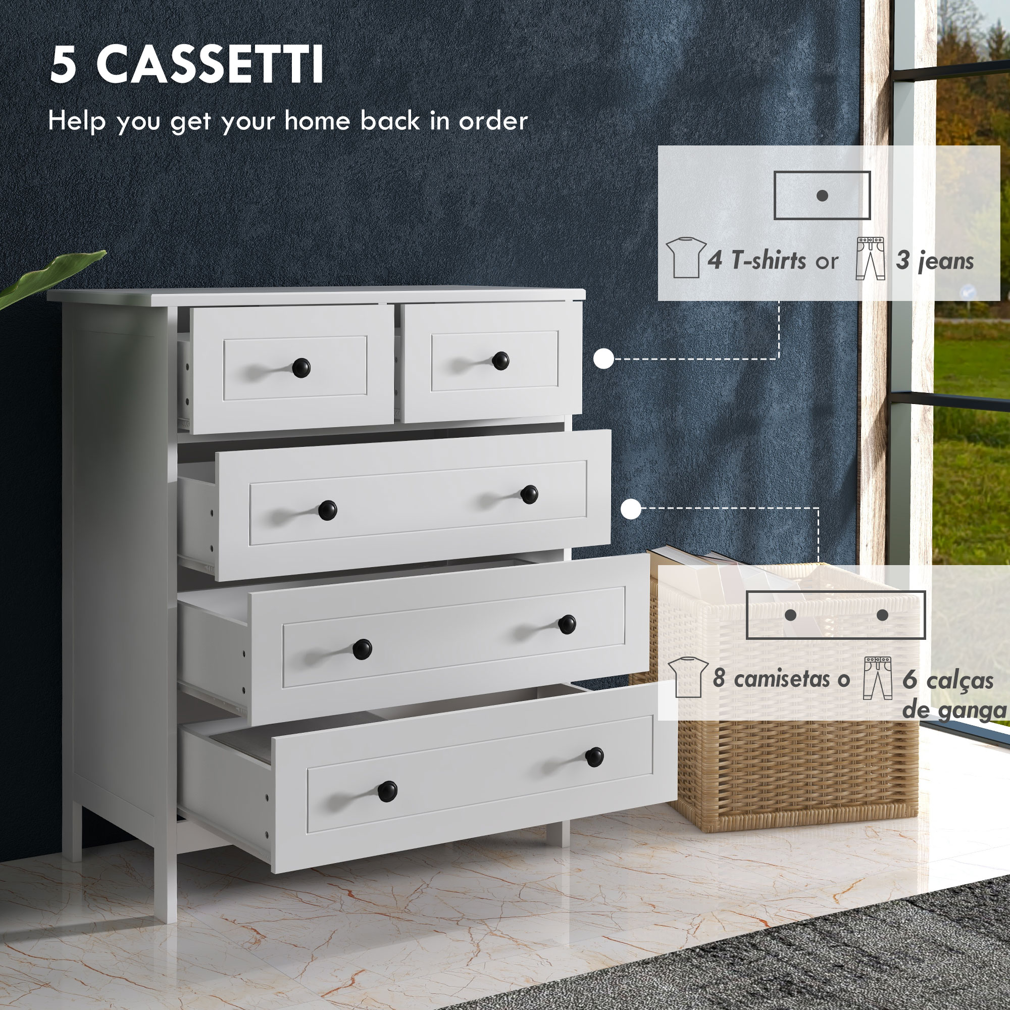 Cassettiera Mobile Mobiletto Salvaspazio 5 Cassetti Ripiani Slim Retro