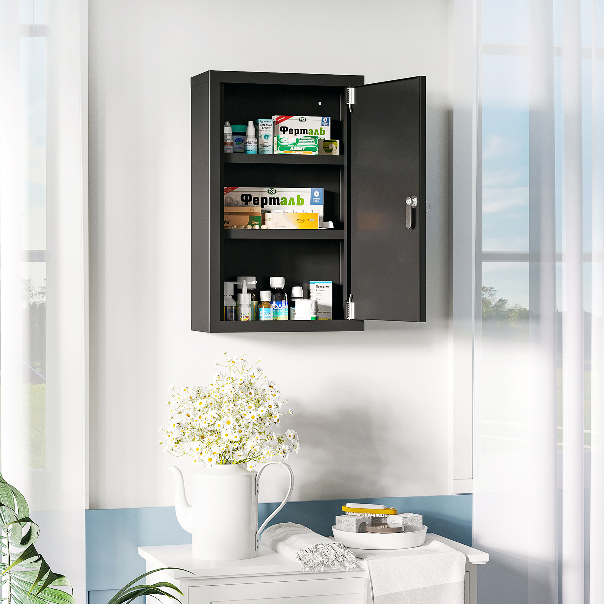 Treocho Armadietto Da Parete Per Bagno, Nero, Con 1 Ripiano Aperto E 1 Ripiano Interno Regolabile, 54,6x16x61 Cm