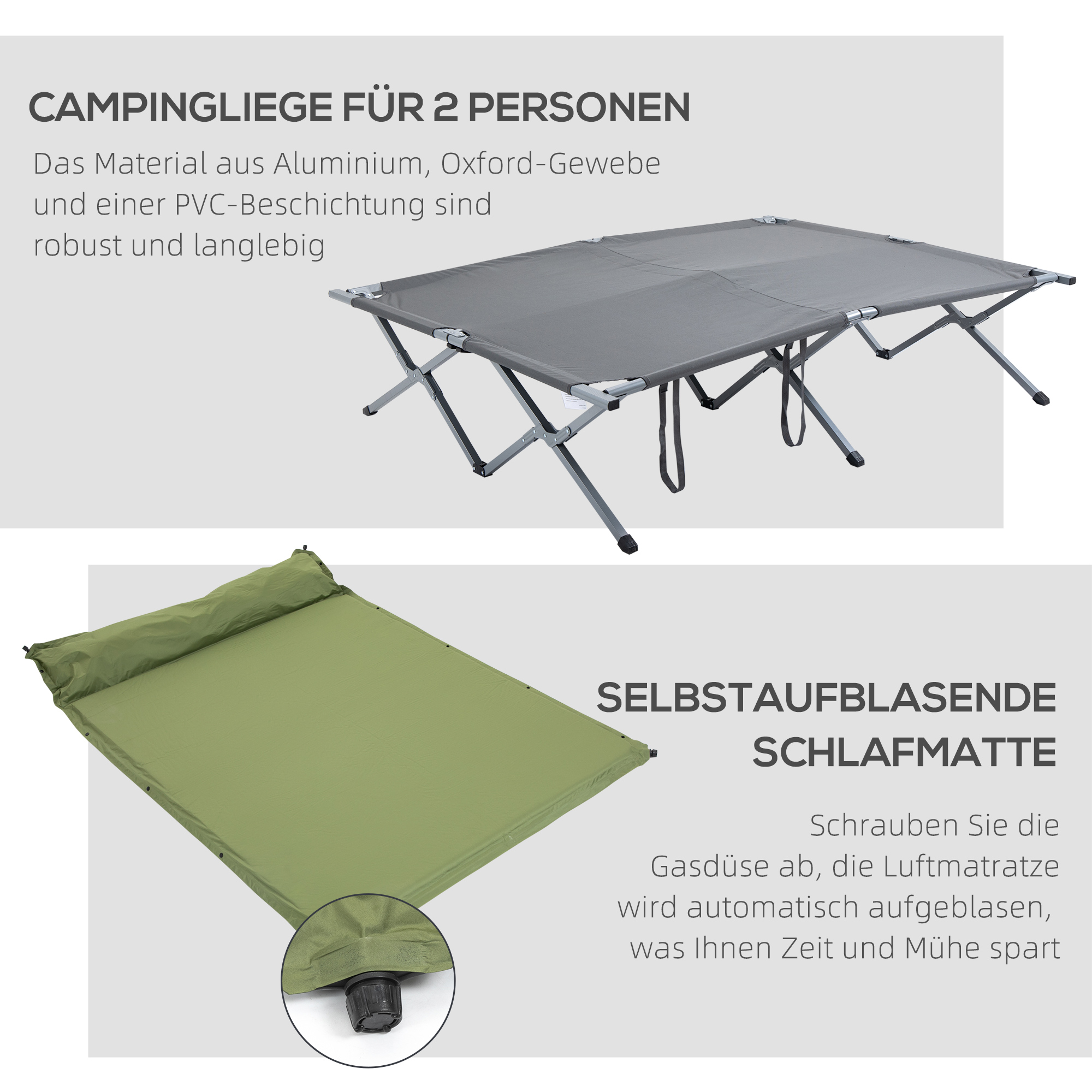 Outsunny Zelt für zwei Personen mit Feldbett und Matratze, faltbar, Grau, 200 x 146 x 159 cm