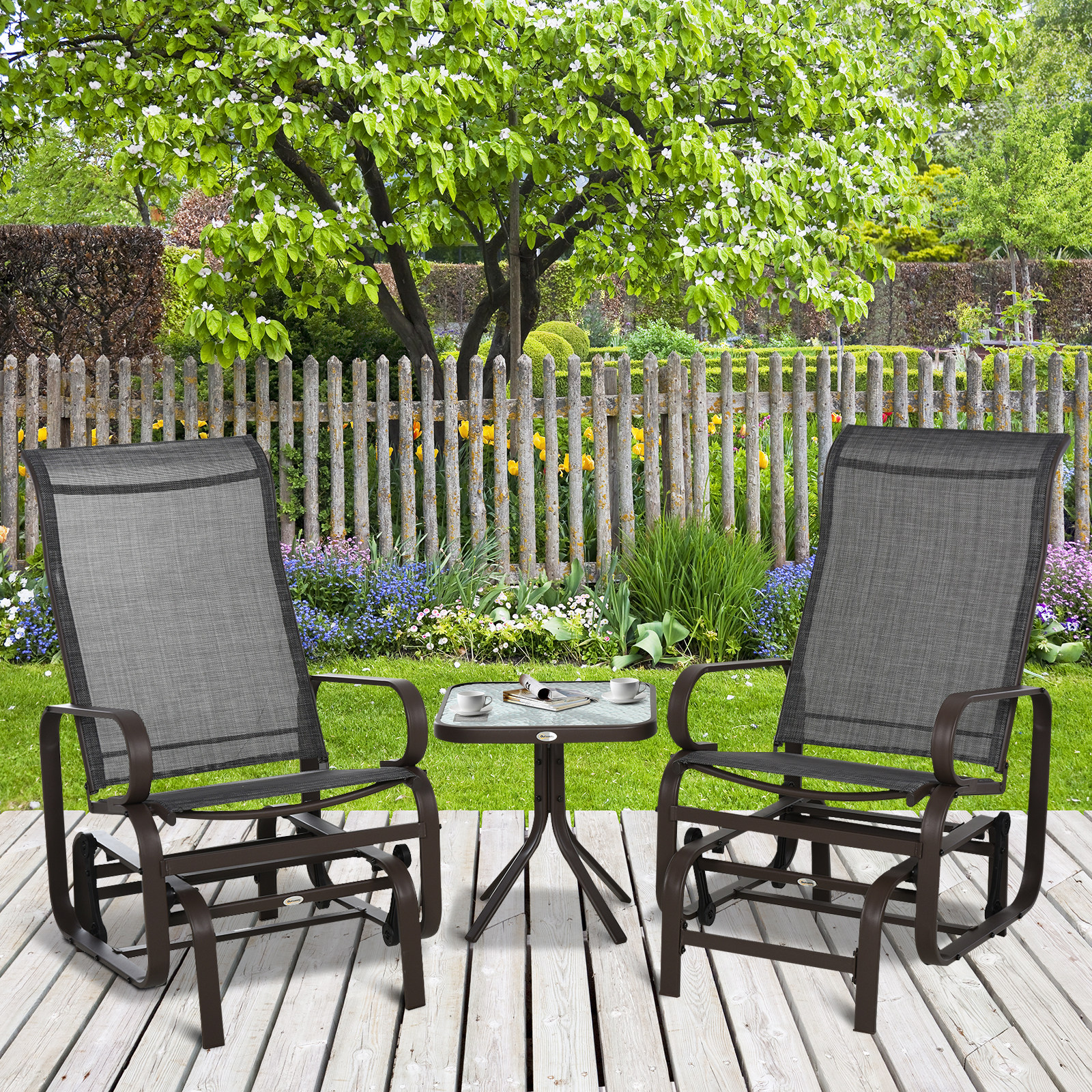 Outsunny 3 Pieces Garden Gliding Chair Set, Metal Frame 2 Single Armchair Swing Seater and 1 Glass Top Coffee Table w/ Breath Mesh Fabric Seat, Brown 2