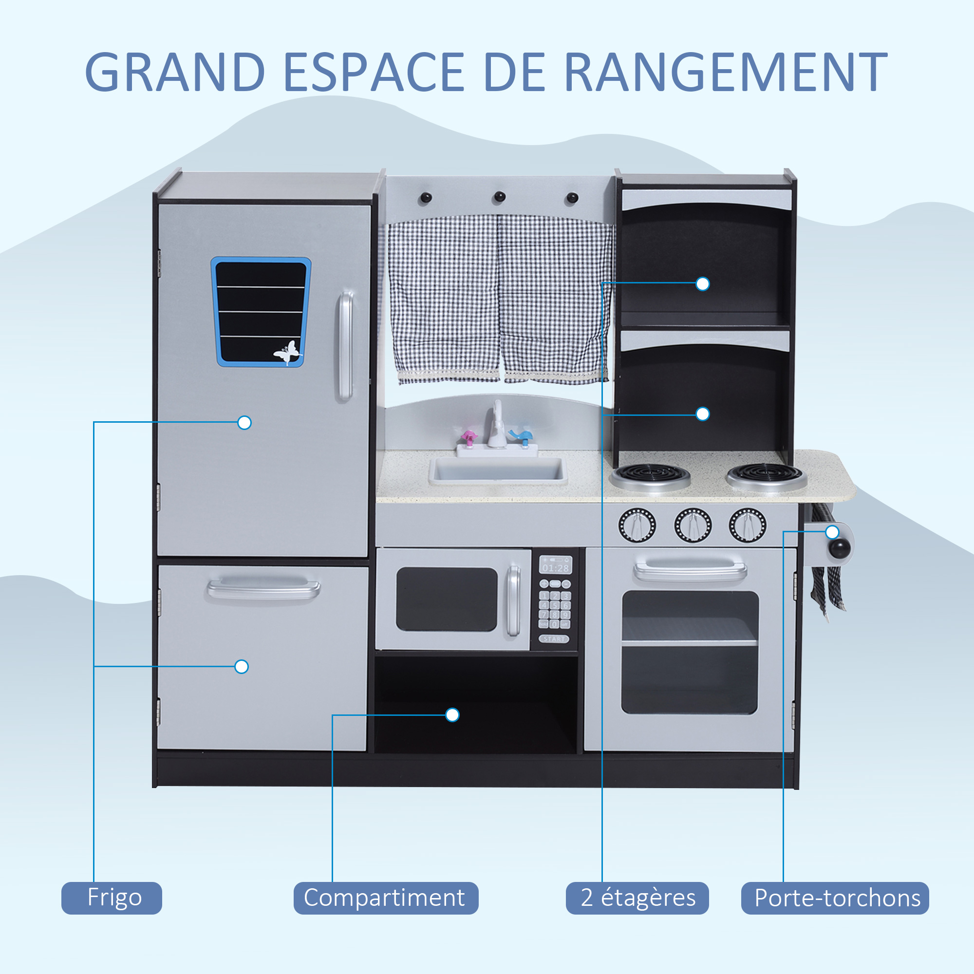 HOMCOM Jouet de cuisine pour les enfants 3-6 ans en bois avec des sons, 14 accessoires, four, évier et réfrigérateur, 82x65x87cm, blanc