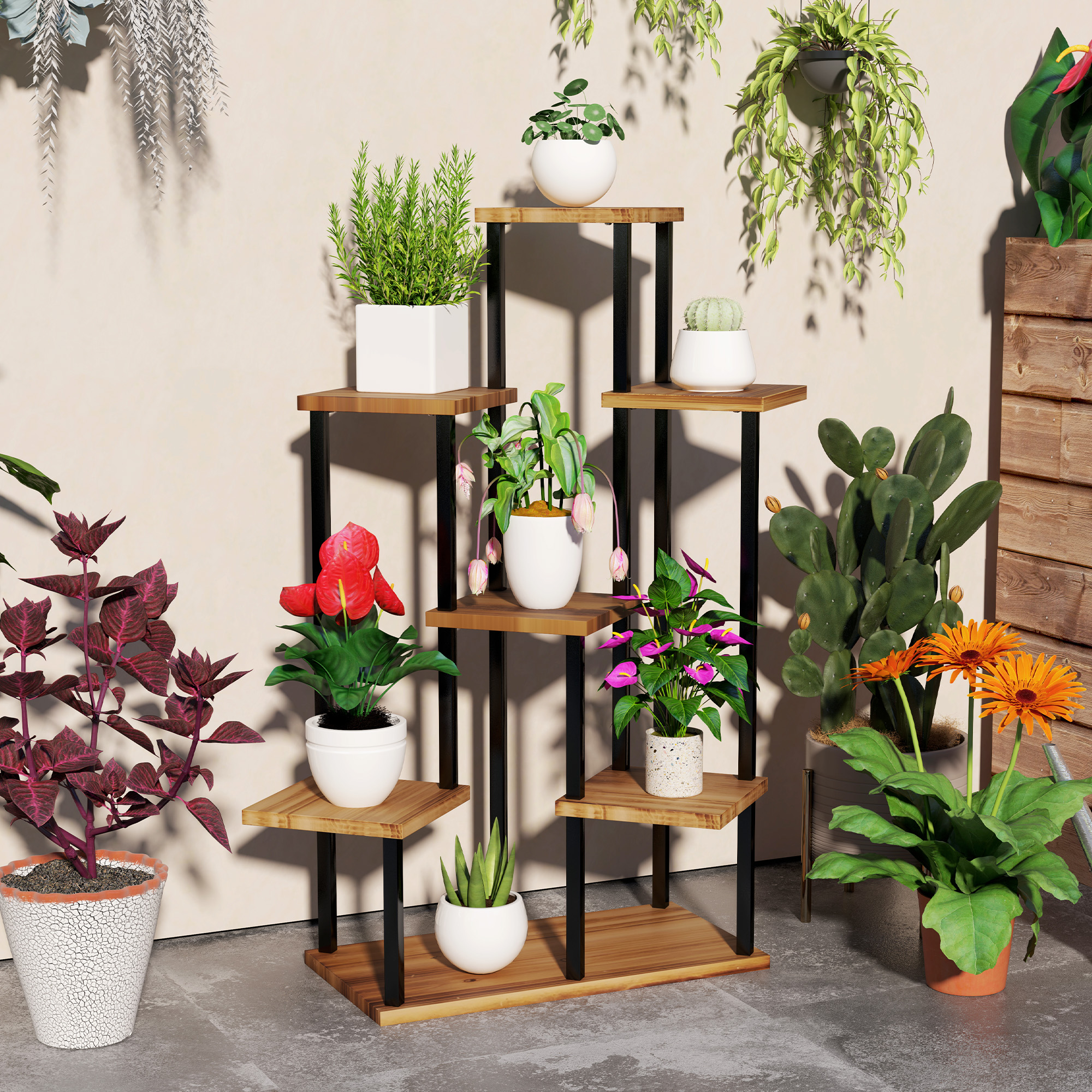 Outsunny Seven Wooden Shelf Plant Stand
