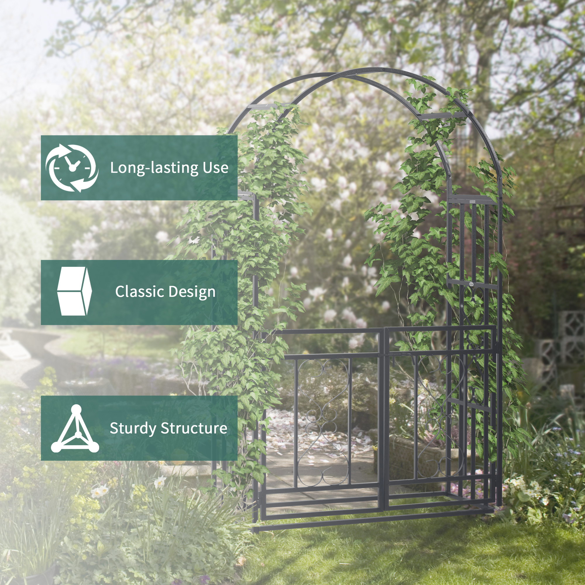 Outsunny Outdoor Garden Arch with Double Gates, Metal Garden Arbor for Climbing Plants, Roses, Vines, Wedding Arch for Outdoor, 114L x 50W x 206H cm, Dark Grey 6