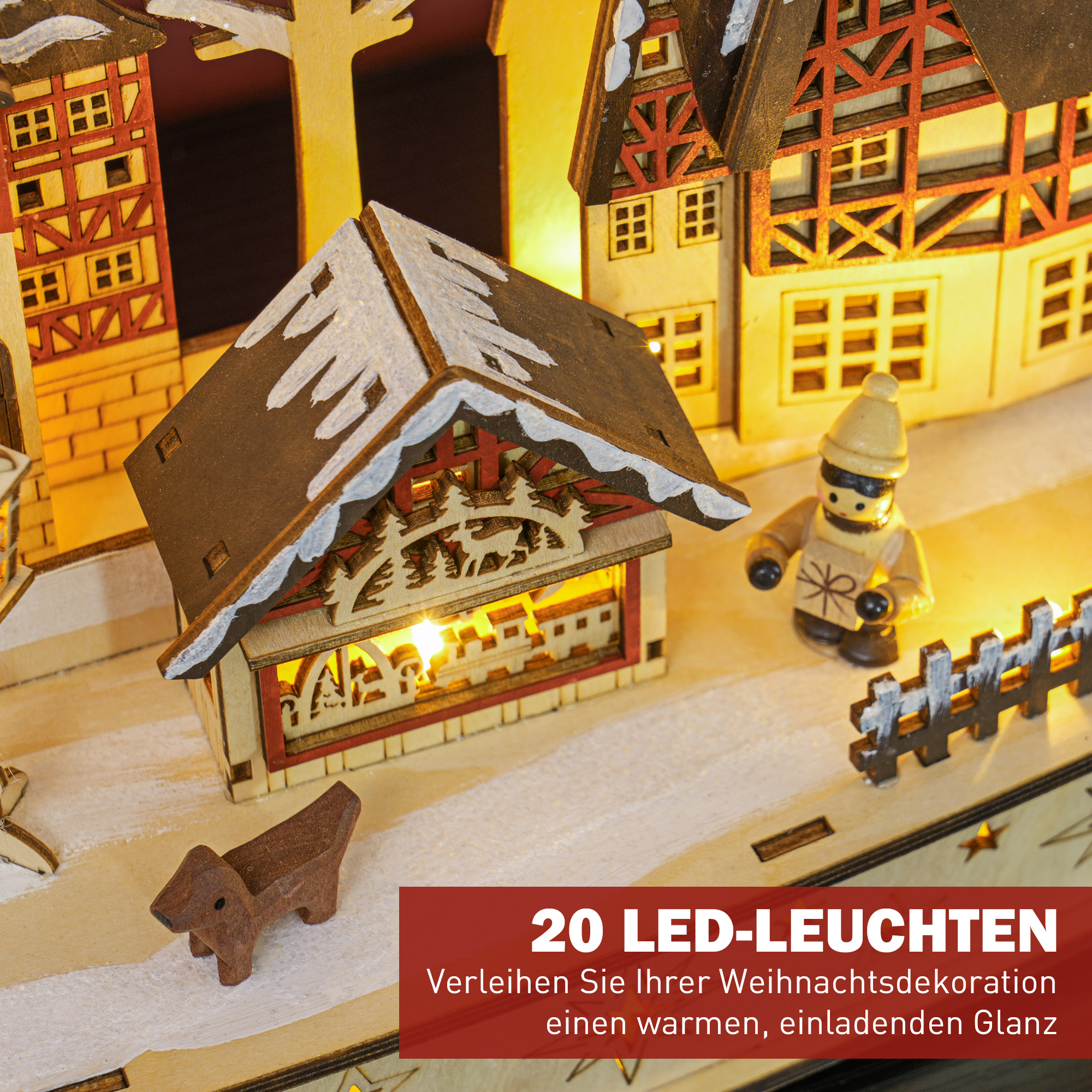 Jõuluküla talvisel võlumaal, 20 LED-tuld, mitmekihiline, naturaalne puit, 45 x 12 x 30 cm