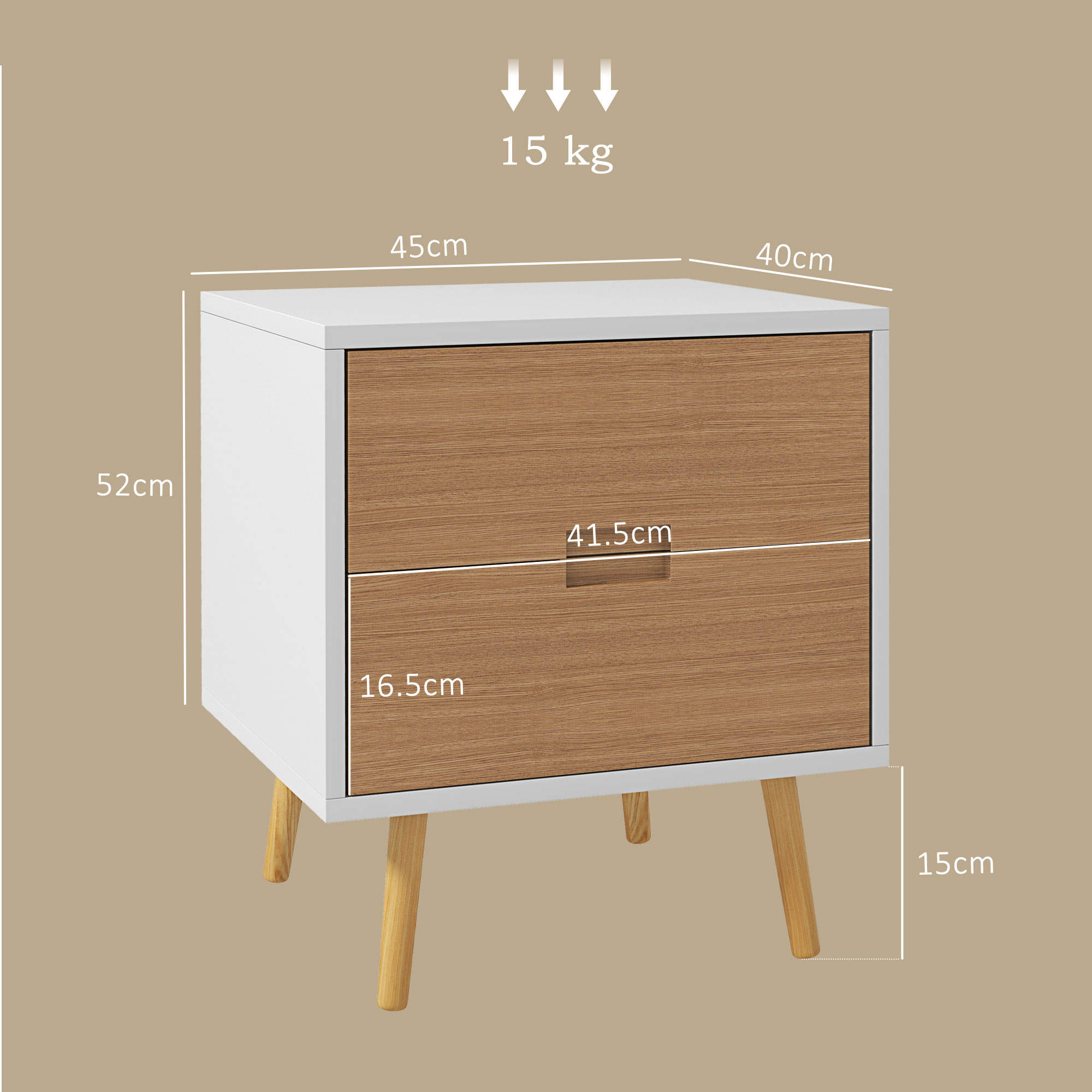 HOMCOM Wood Effect Wto-Drawer Bedside Table Brown/White 3