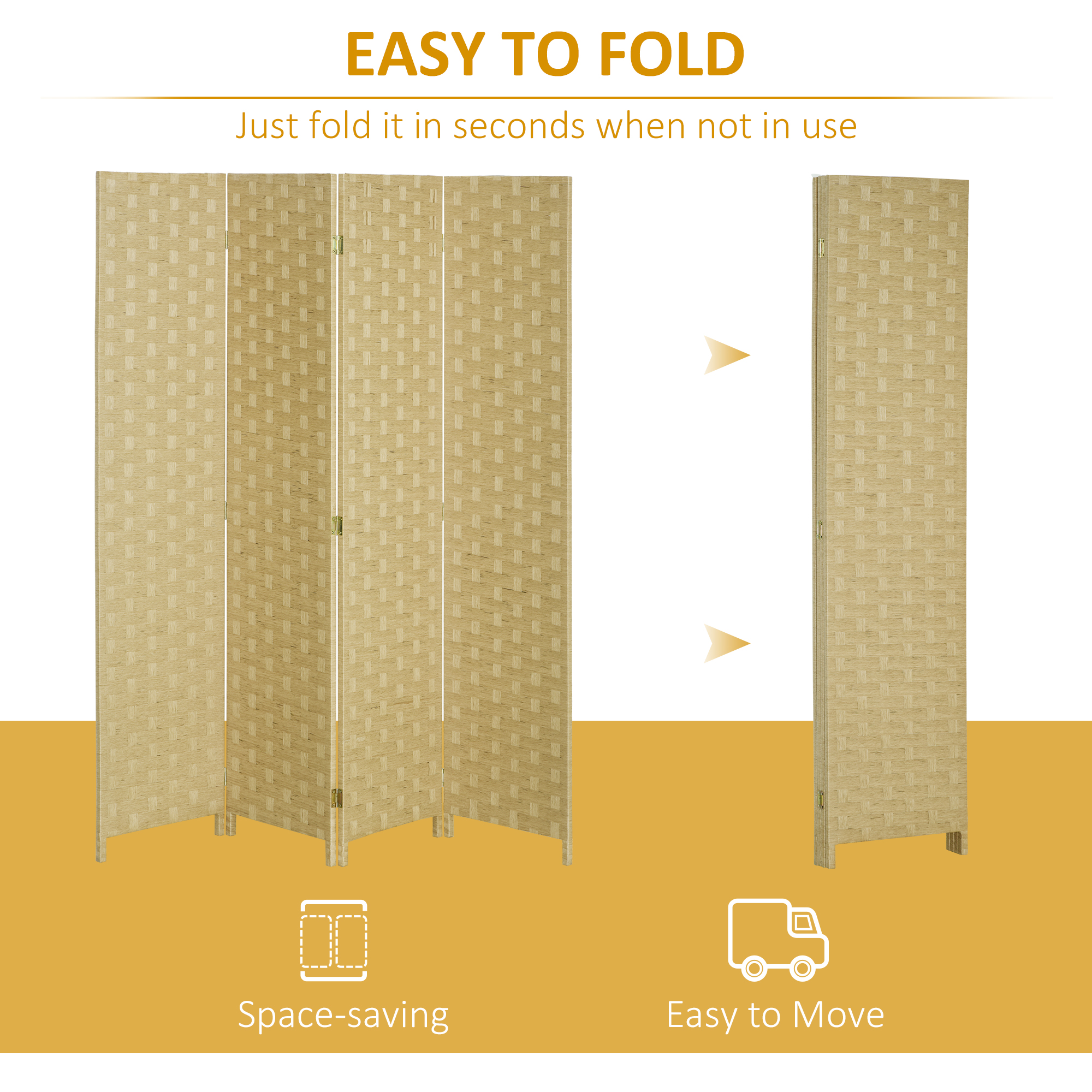 HOMCOM 4-Panel Room Dividers, Wave Fibre Freestanding Folding Privacy Screen Panels, Partition Wall Divider for Indoor Bedroom Office, 170 cm, Brown 4
