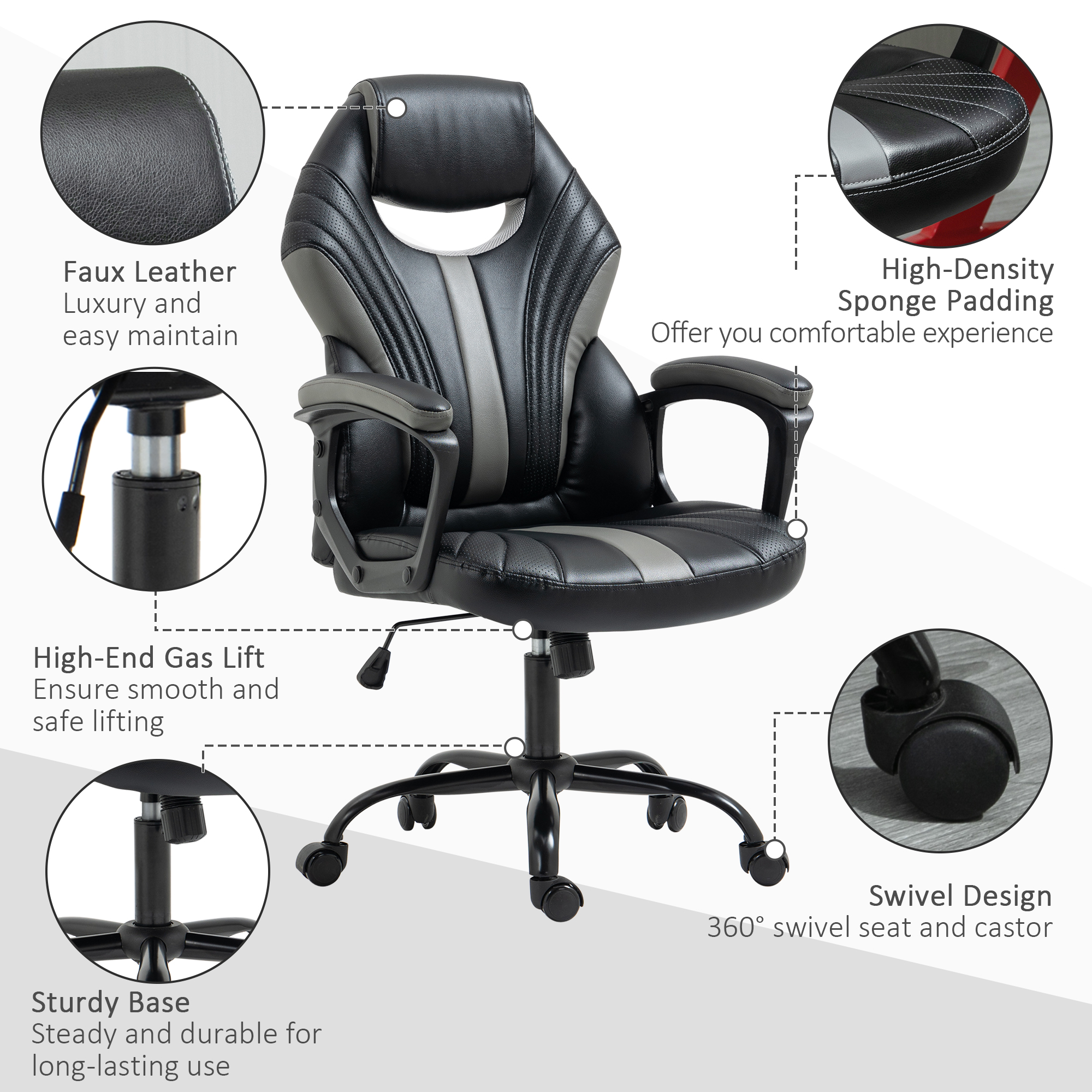 Vinsetto Computer Gaming Chair, Desk Chair with Breathable PU Leather Back and Seat, Soft Padded Armrests and Rolling Wheels for Adults and Gamers, Black 4
