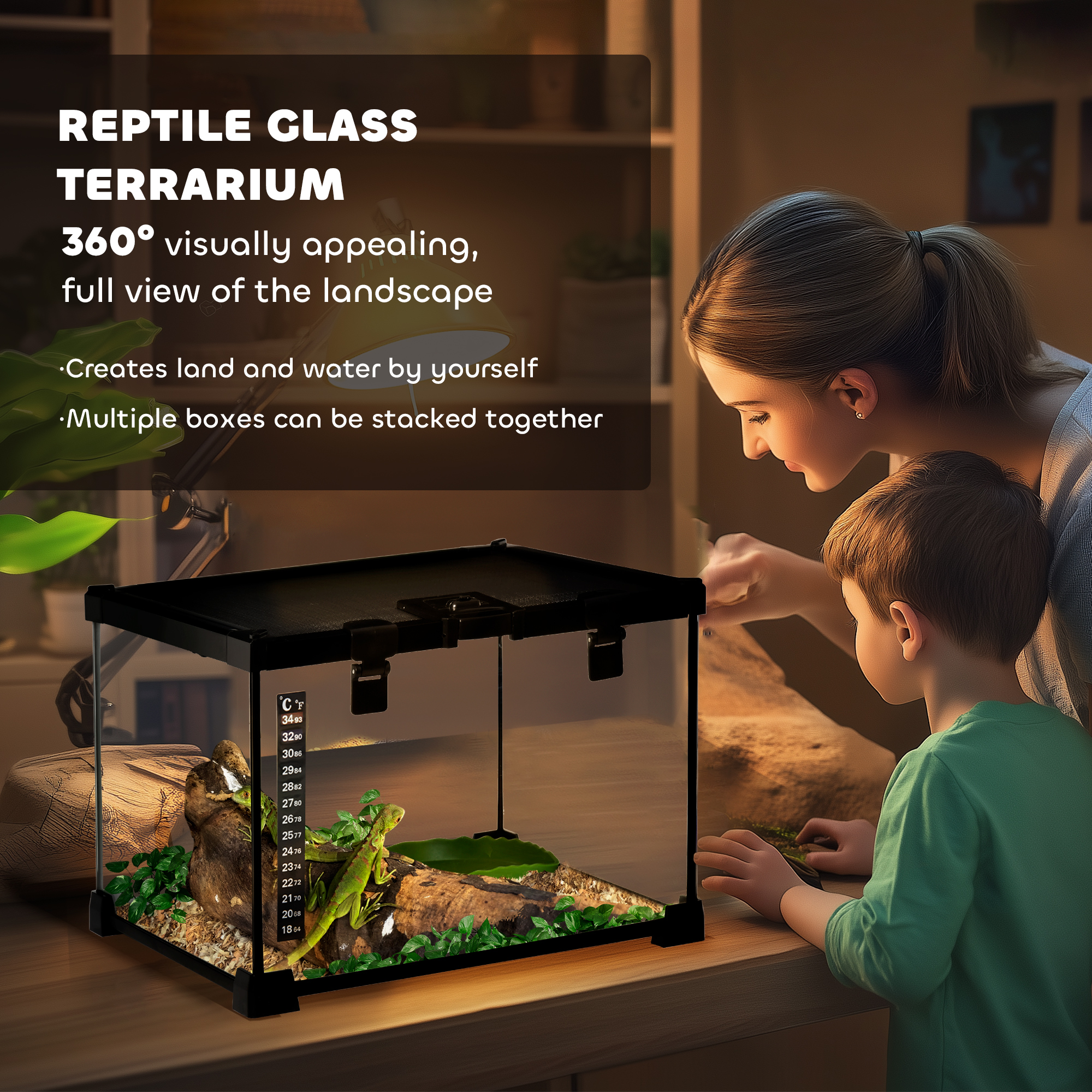 PawHut Glass Reptile Terrarium Insect Breeding Tank Vivarium Habitats with Thermometer for Lizards, Horned Frogs, Snakes, Spiders Small 30 x 30 x 20cm 4