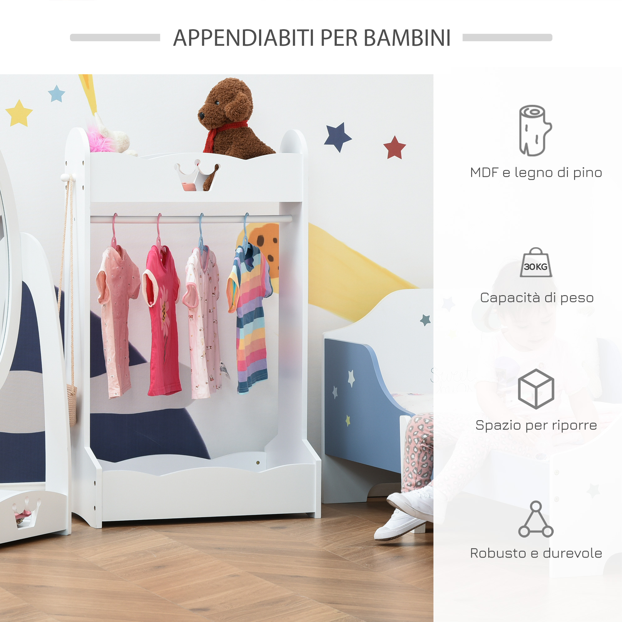 Appendiabiti Per Bambini A Doppia Asta Con Ripiano - 142x63x38 Cm - Bianco, Metallo, Capacità 40-60 Vestiti, Per Cameretta