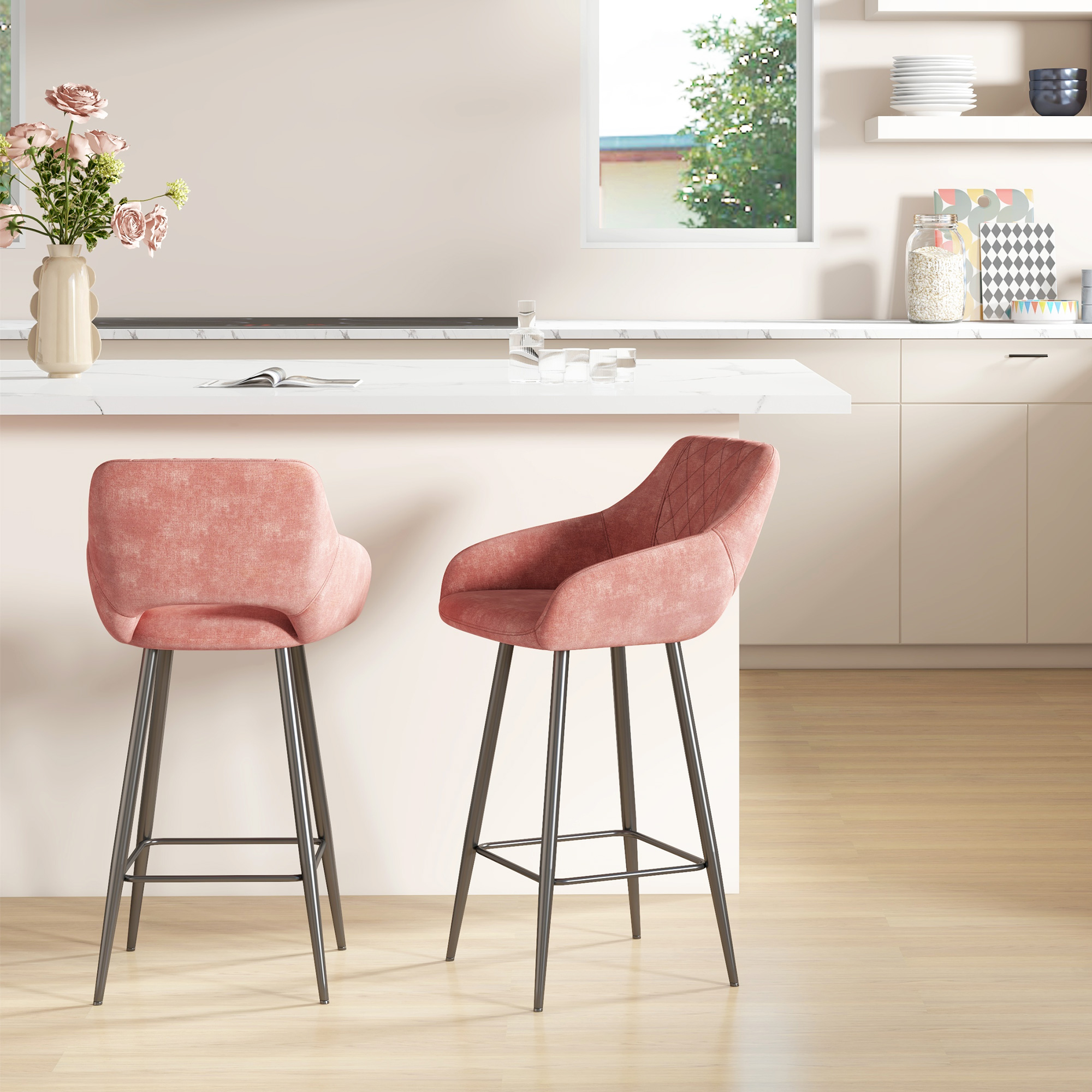 HOMCOM Set of Two Velvet-Feel Bar Stools Pink 2