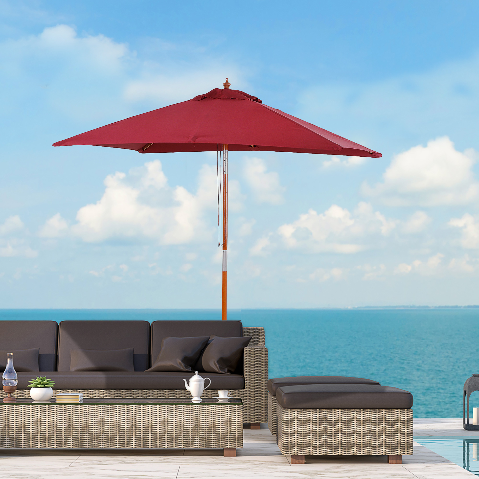 Outsunny 2m x 1.5m Garden Parasol Umbrella with Tilting Sunshade Canopy, Outdoor Market Table Umbrella with Wood and Bamboo Frame, Wine Red 2