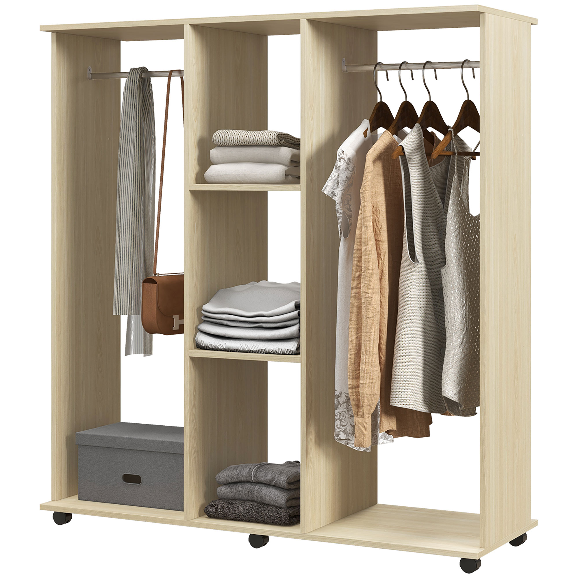 HOMCOM Armoire penderie Meuble de Rangement Mobile 6 roulettes 120L x 40l x 128H cm en bois naturel