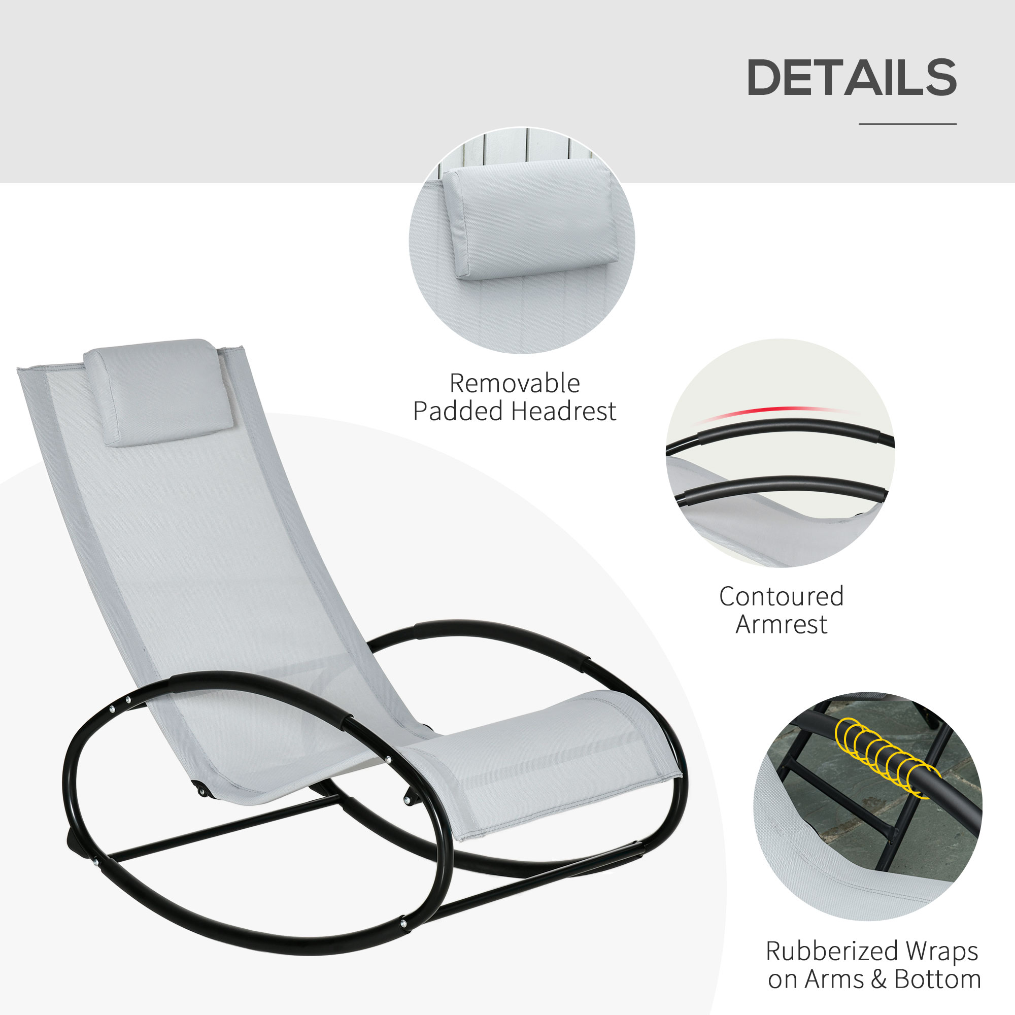 Outsunny Outdoor Rocking Chair Sun Lounger Recliner Rocker with Texteline Fabric Patio Garden Relaxer with Pillow Grey 5