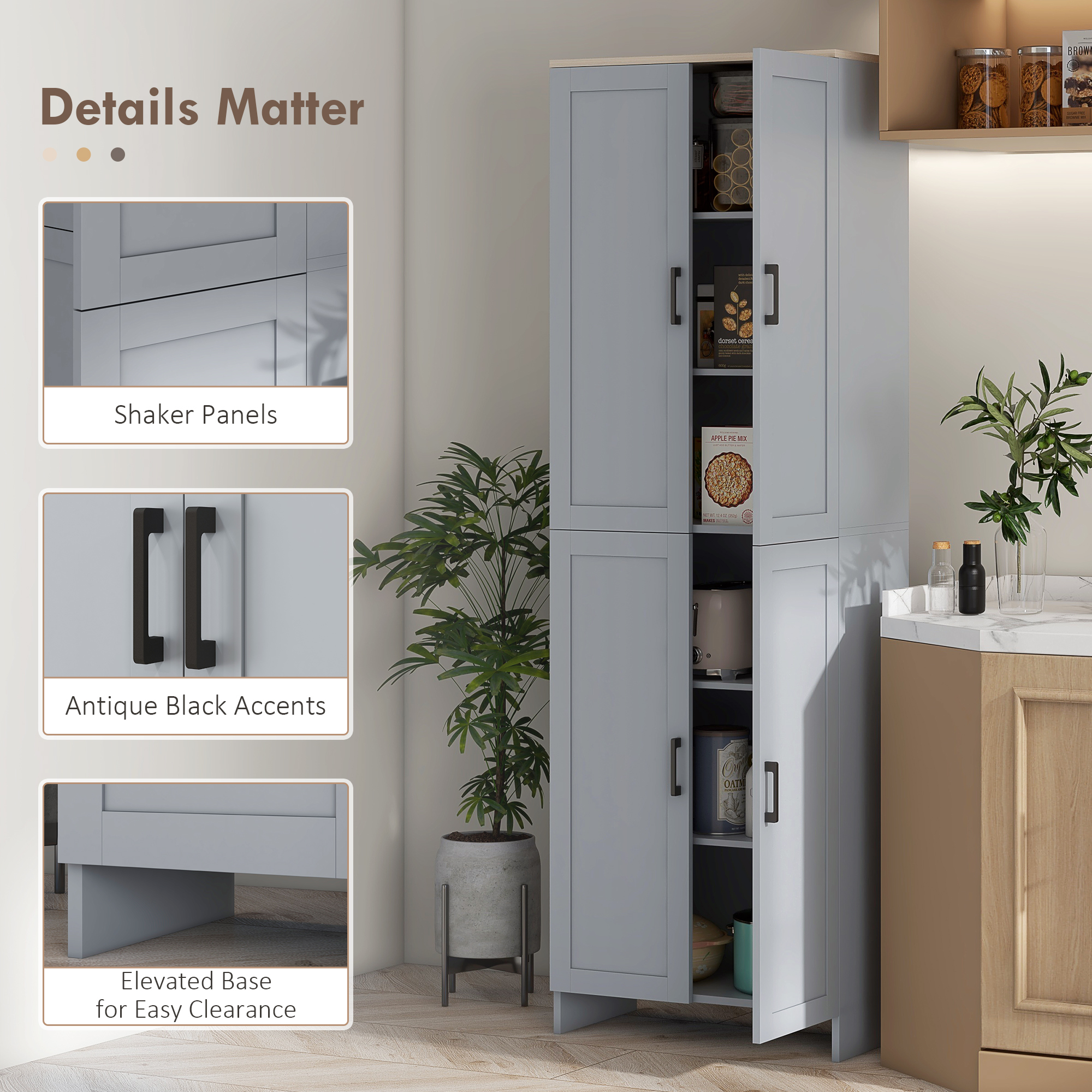 HOMCOM Freestanding Kitchen Cupboard, 4-Door Storage Cabinet with Adjustable Shelves, Modern Kitchen Pantry for Dining Room, 170cm, Grey 7