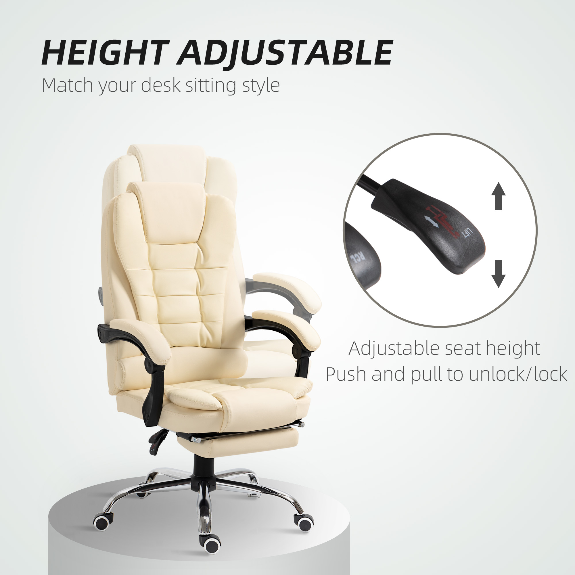 HOMCOM Executive Office Chair, Home Office Chair with Swivel Wheels, Reclining Backrest, Retractable Footrest, Cream White 7