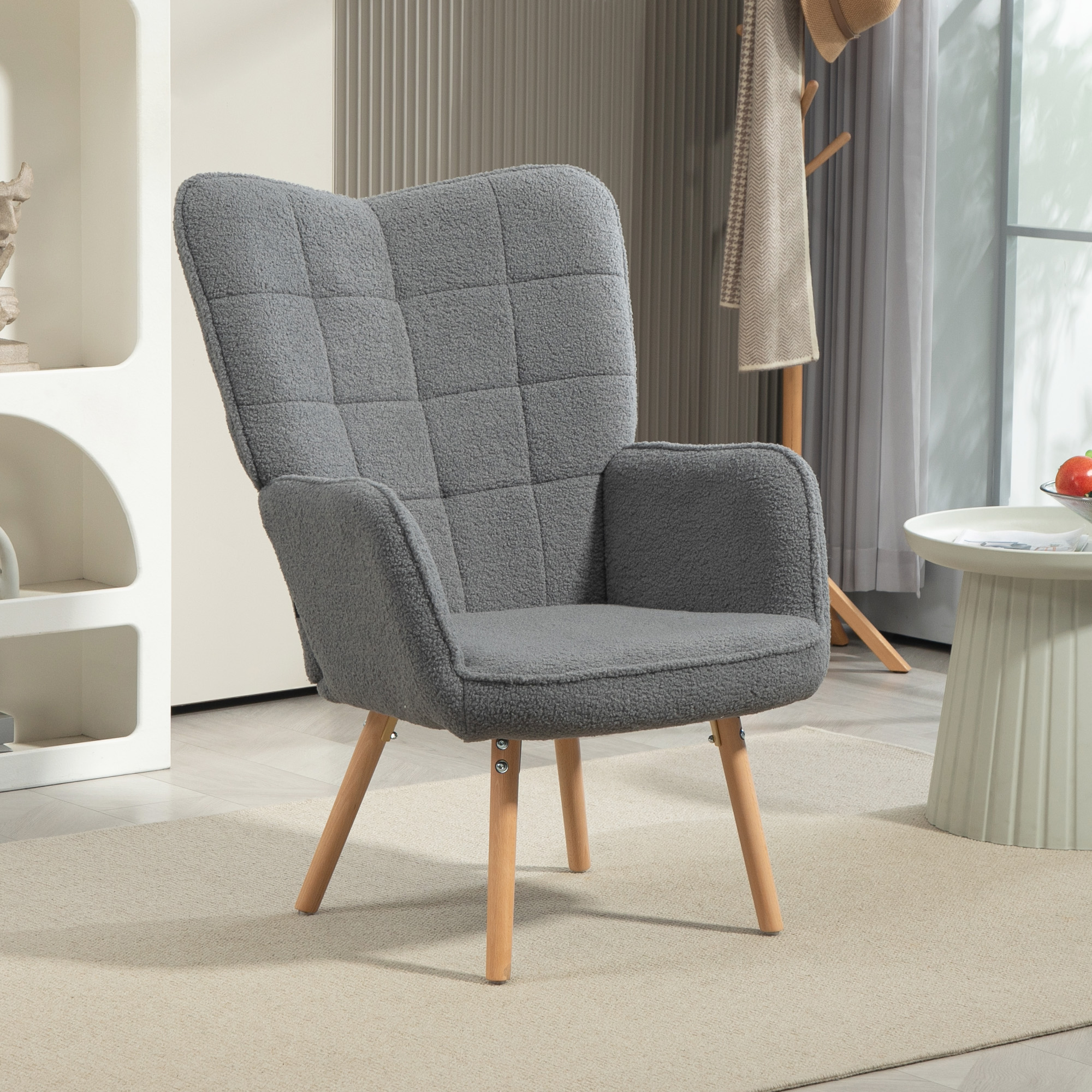 HOMCOM Teddy Fleece Wingback Accent Chair Grey 2