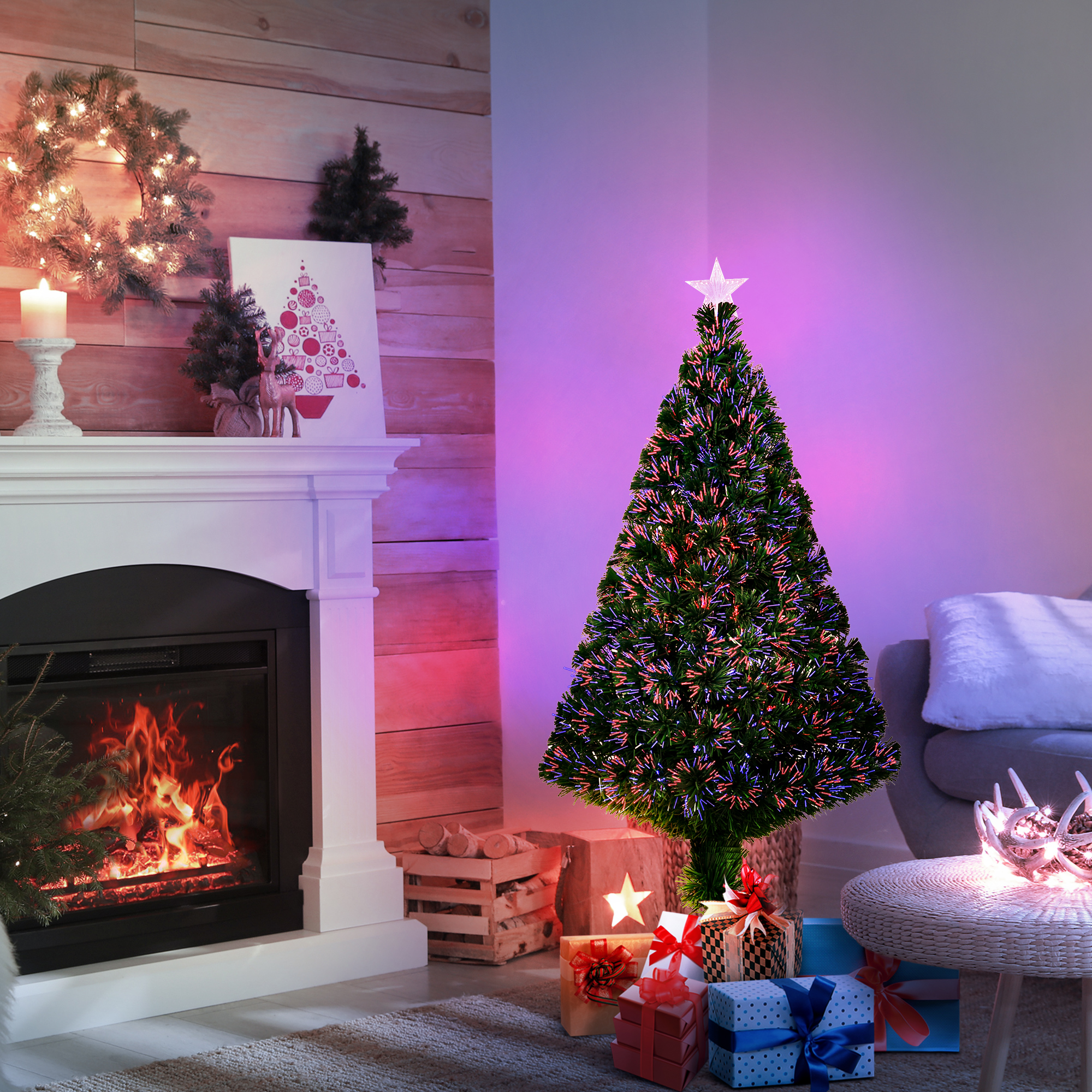 HOMCOM 4FT Pre-Lit Fibre Optic Artificial Christmas Tree Holiday Xmas Décor with Tree Topper Multi-Colour 2
