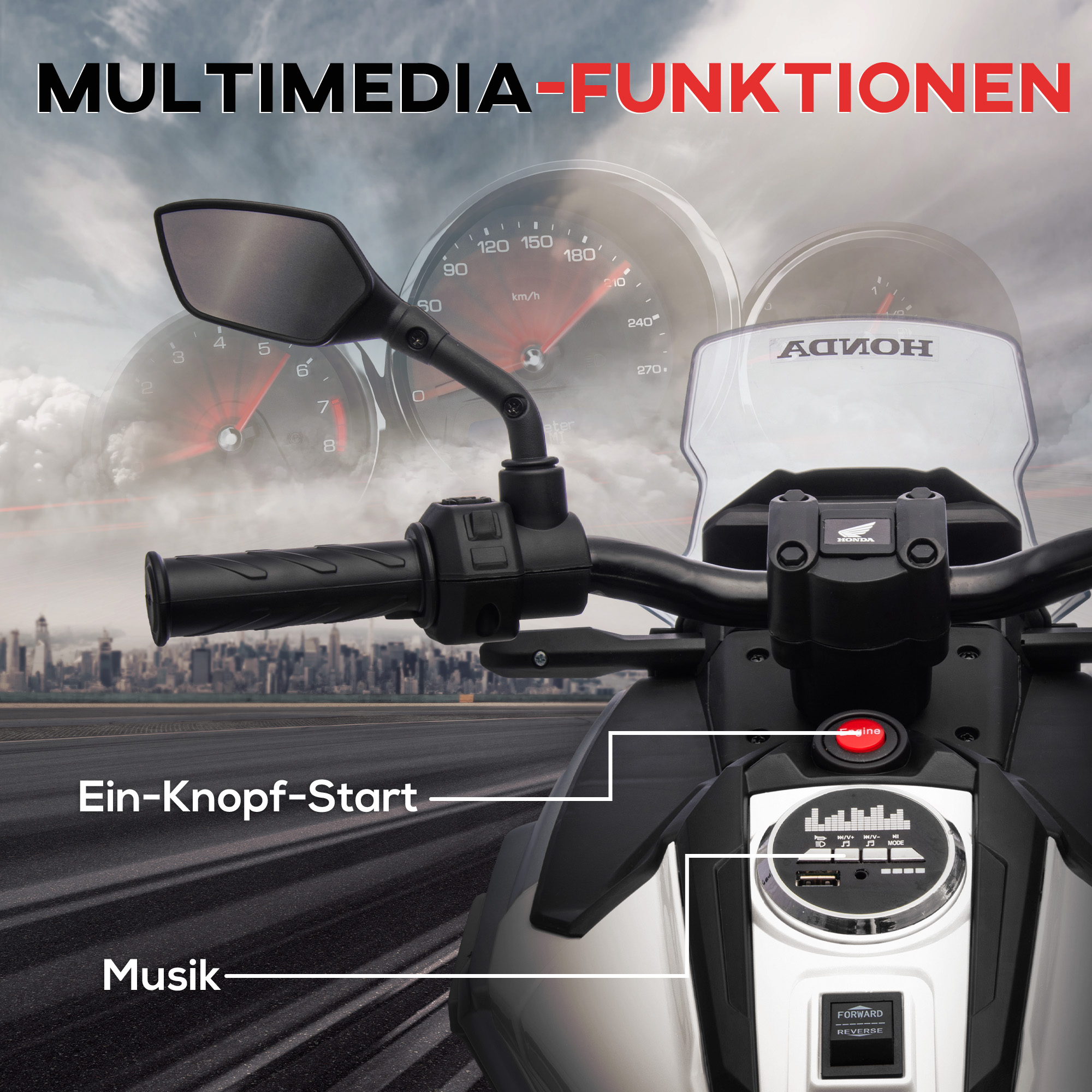 Elektriline lastemootorratas, Honda, 3 km/h, muusika ja tuled, 3-6 aastat, kuni 30 kg, valge