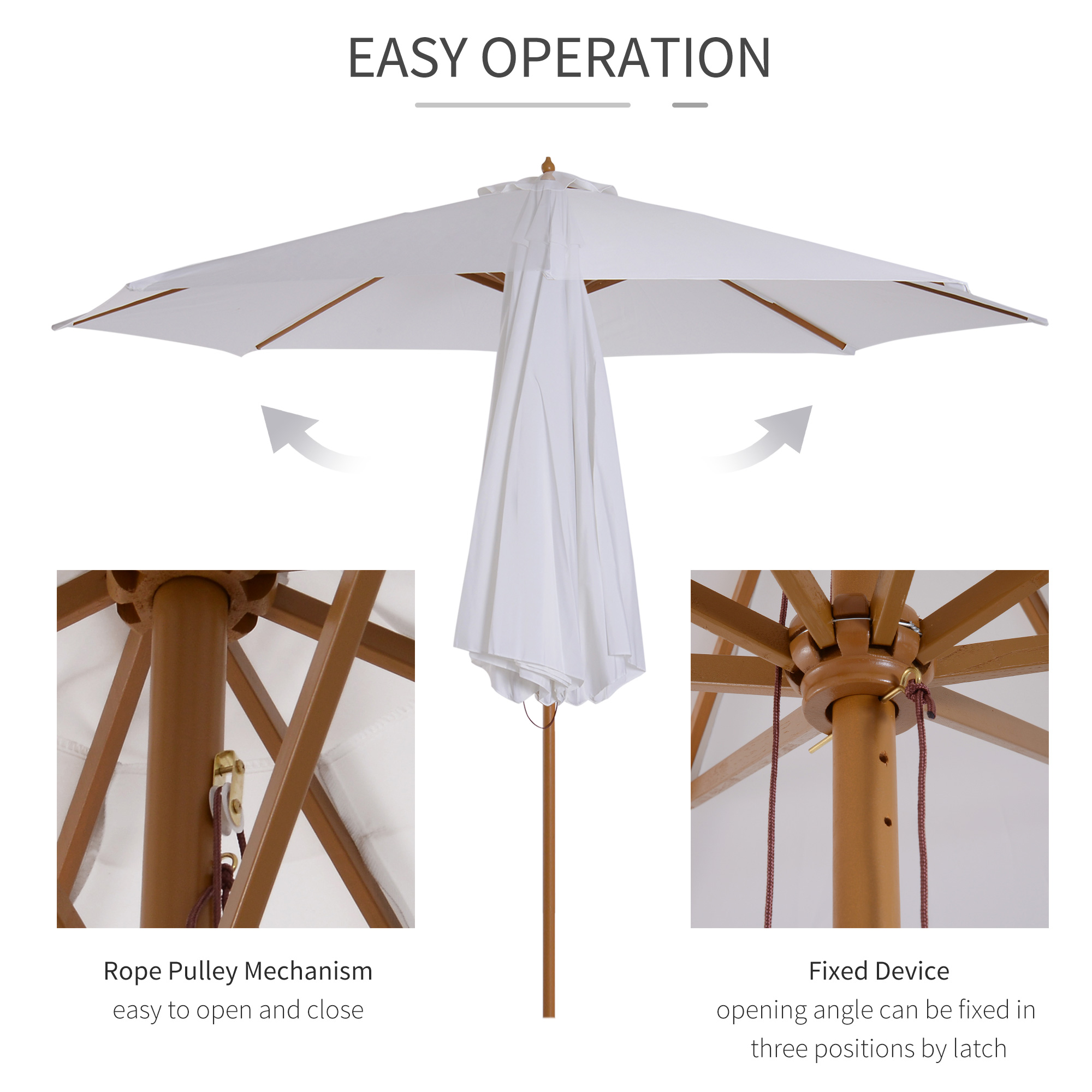 Outsunny 3(m) Garden Parasol, Pulley Operated Patio Umbrella, Wooden Table Market Umbrella with Rope Pulley Mechanism and 8 Ribs, Cream White 5