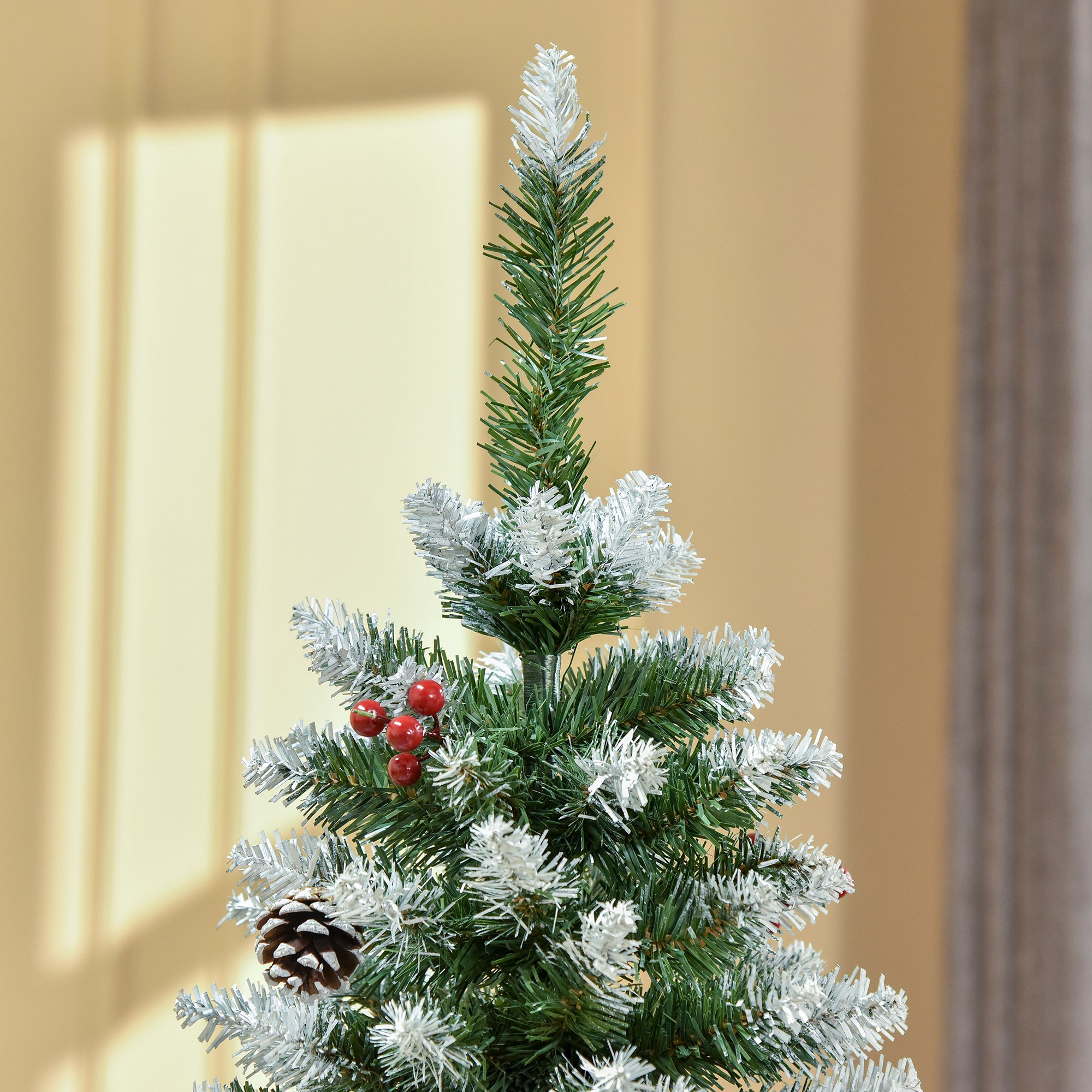 HOMCOM 5FT Artificial Christmas Tree Xmas Pencil Tree with Red Berries and Pinecones Holiday Home Indoor Decoration with Foldable Feet, Green 8