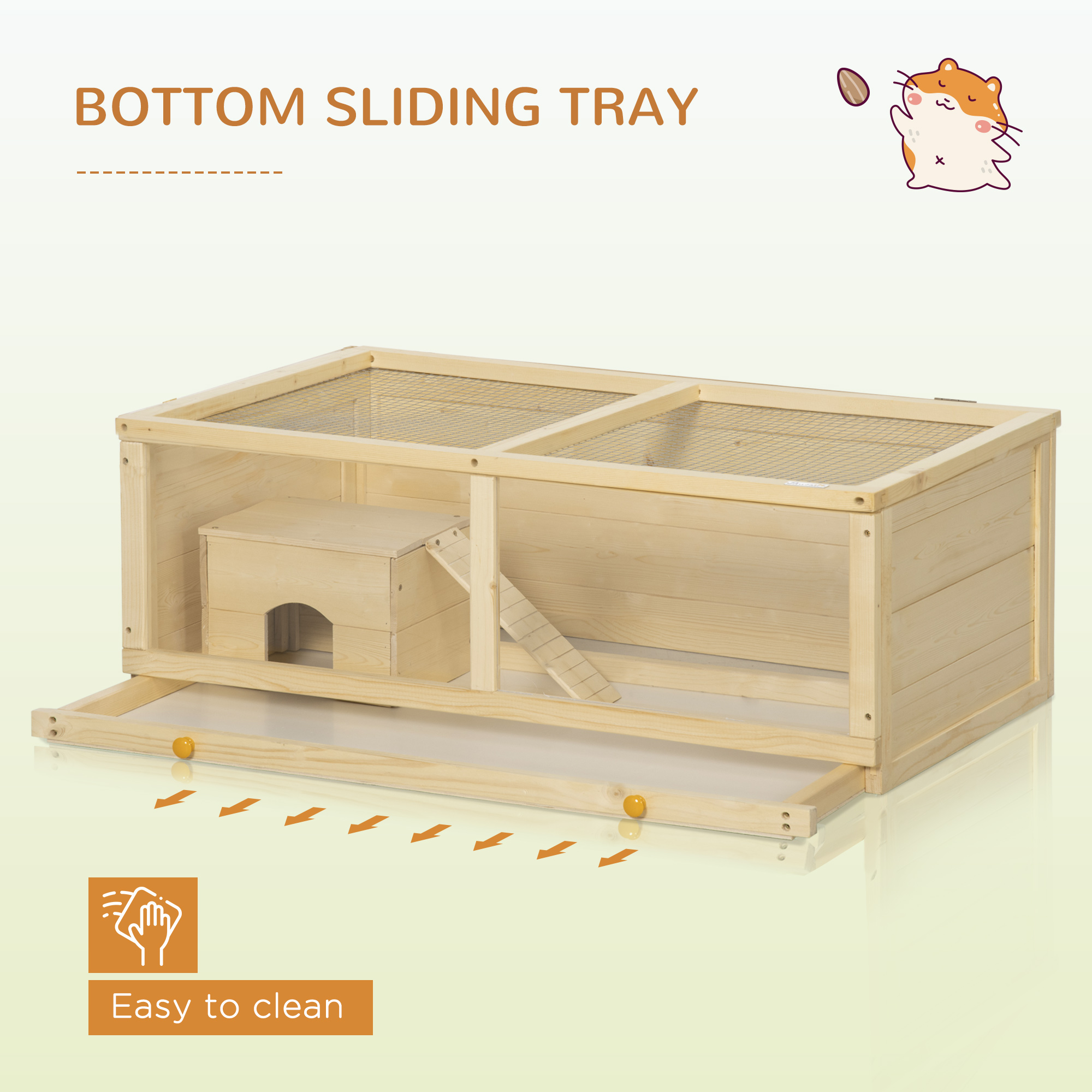 PawHut Wooden Hamster Cage with Sliding Tray, Openable Top, Hut for Syrian Hamster, Natural Wood Finish 6