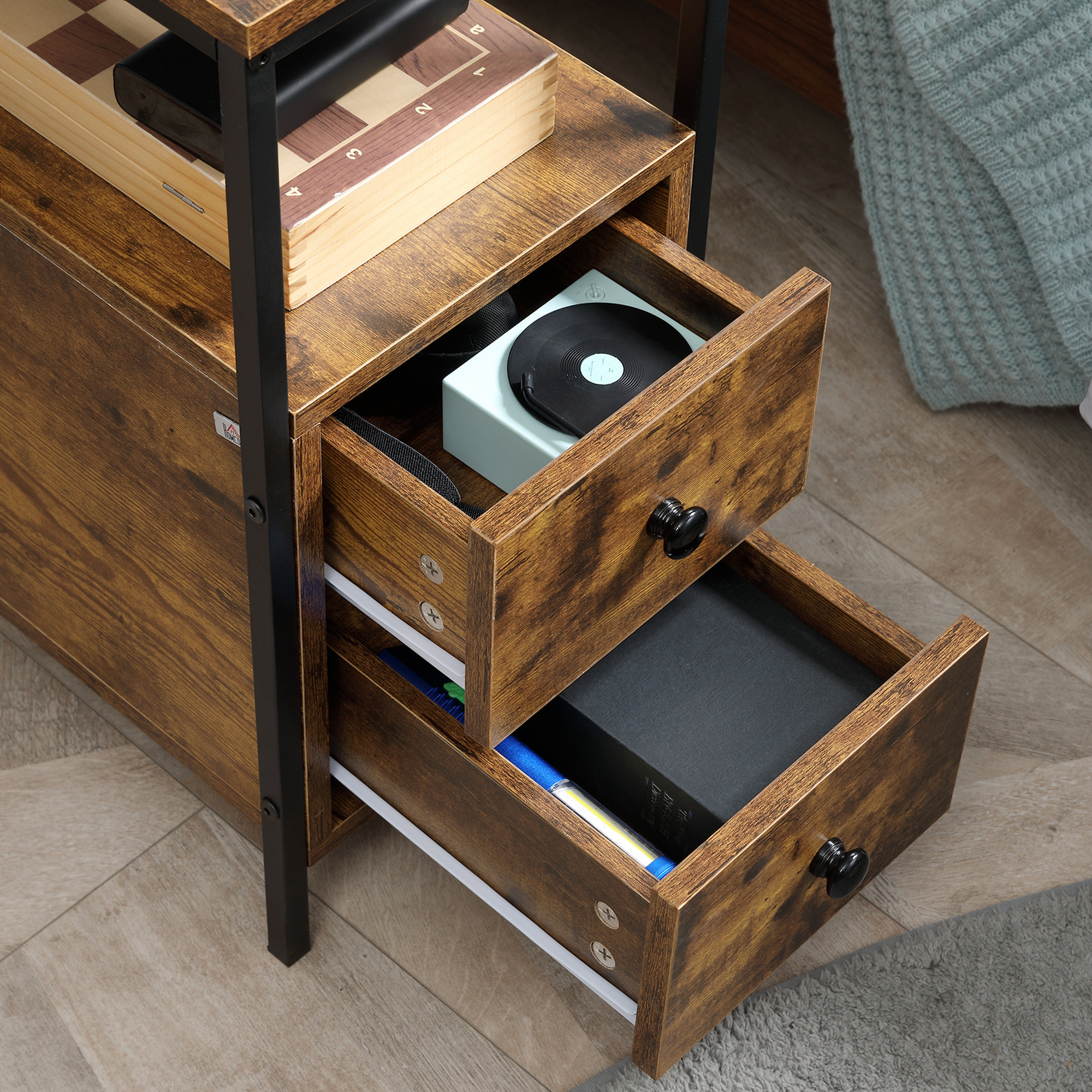 HOMCOM Side Table, Narrow Bedside Table with 2 Drawers and Storage Shelf, Industrial End Table with Metal Frame for Small Spaces, Rustic Brown 8