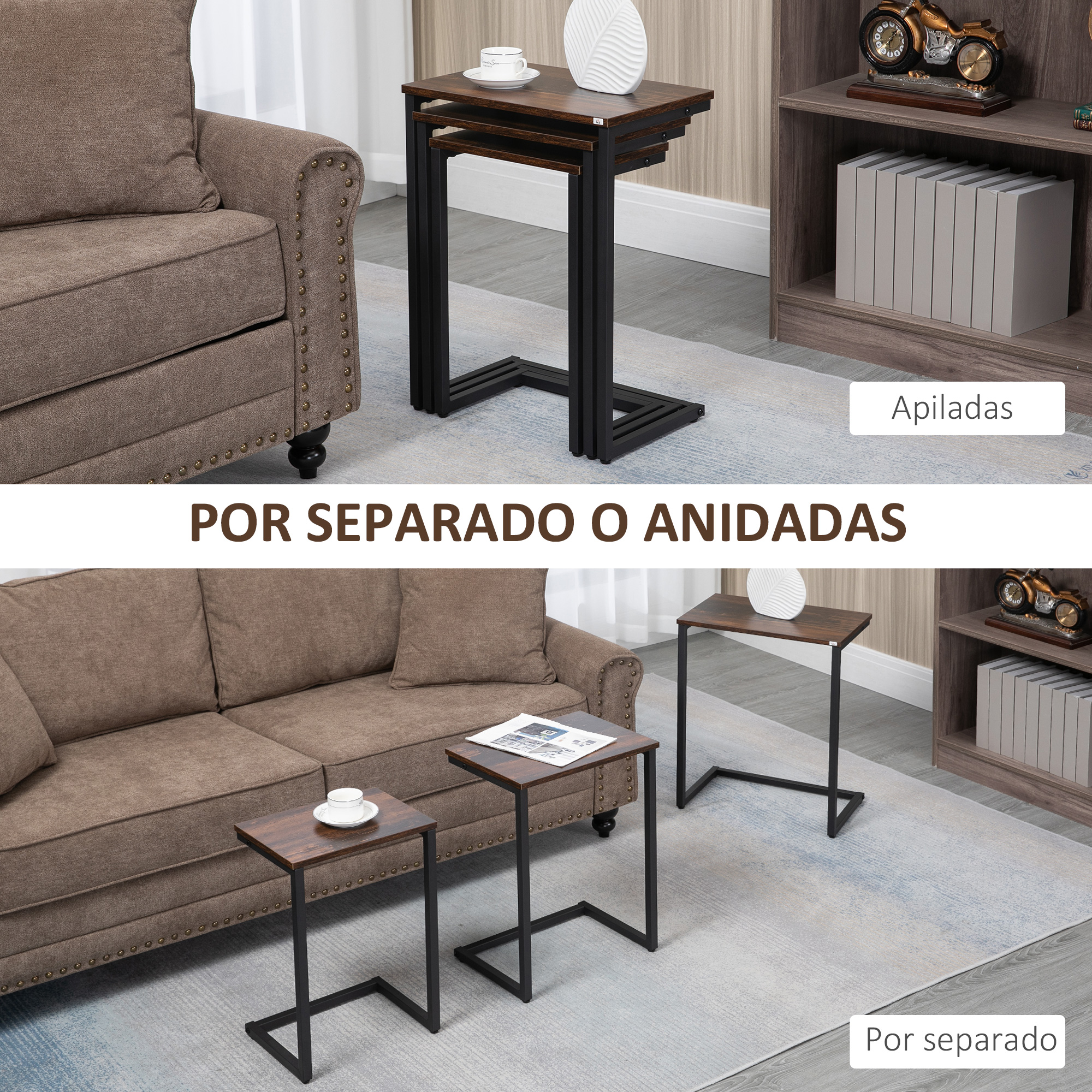 HOMCOM Juego de 3 Mesas Auxiliares de Estilo Industrial en Forma de C ...