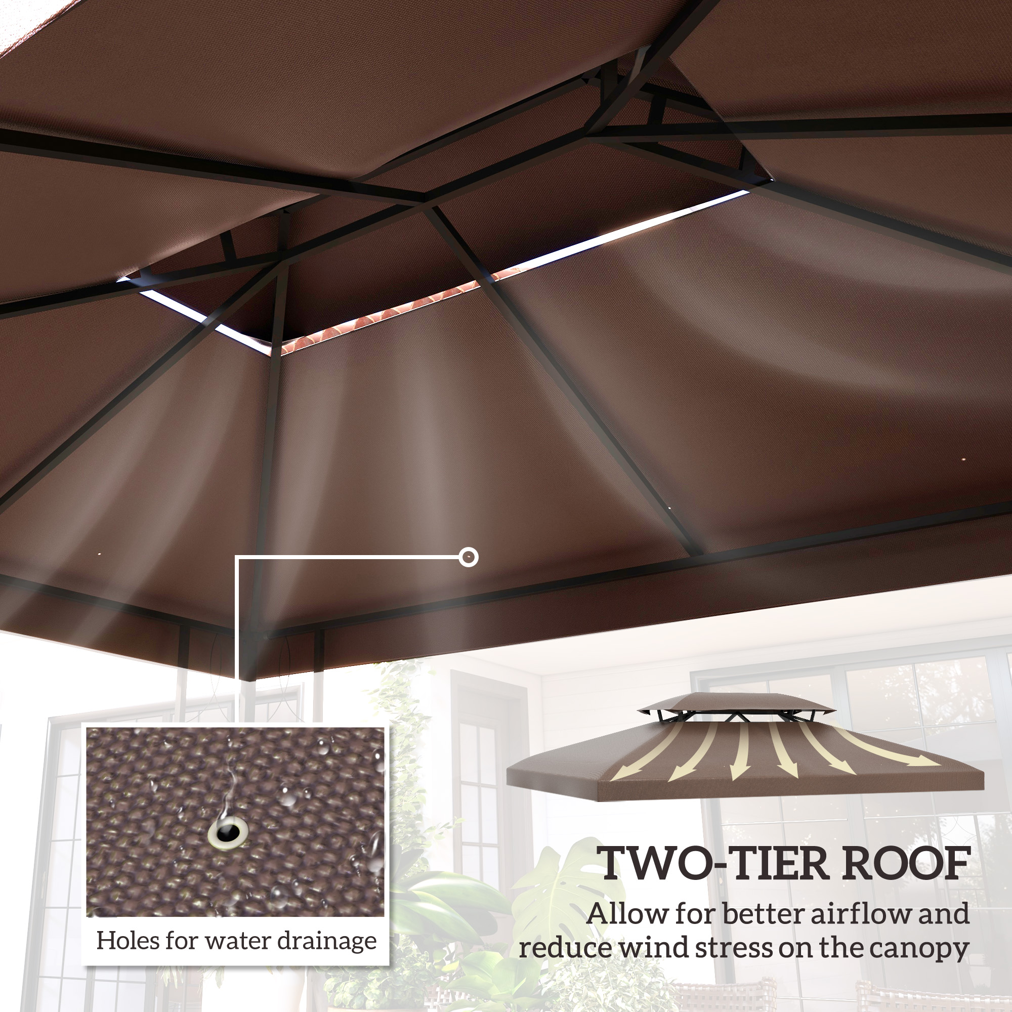 Outsunny 3x4m Gazebo Replacement Roof Canopy 2 Tier Top UV Cover Garden Patio Outdoor Sun Awning Shelters, Brown  (TOP COVER ONLY) 4